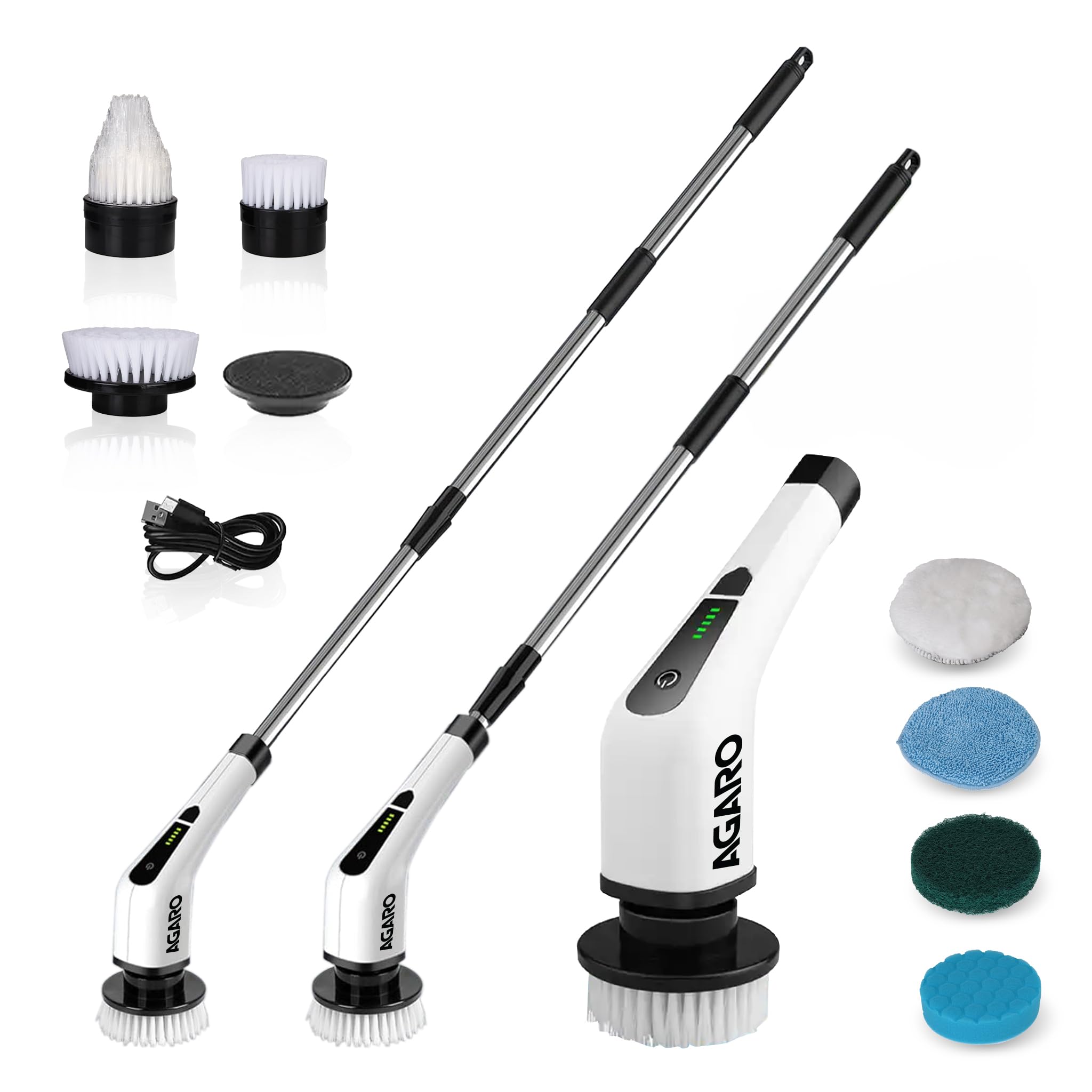 AGARO Royal Electric Spin Scrubber, Cleaning Brush Scrubber for Home, 300RPM/Min, 8 Replaceable Brush Heads, 90 Min Work Time, 3 Adjustable Size, 2 Adjustable Speeds, for Bathroom, Floor Tiles, White