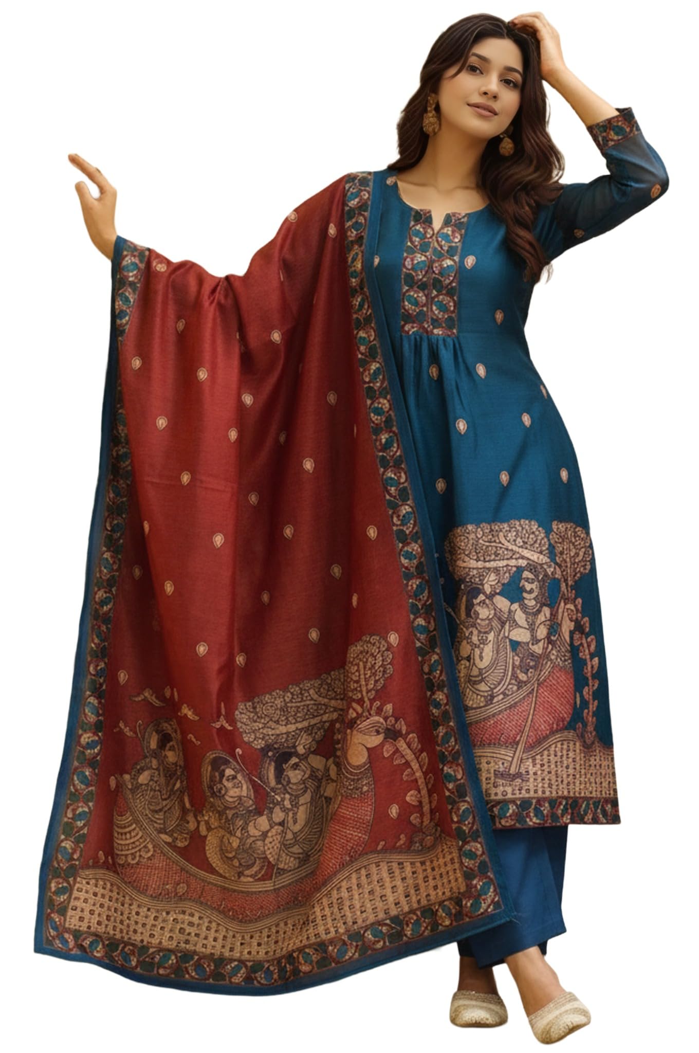 Kurta Sets for Women Viscose Printed | Kurti Set for Woman | Kurta Pant Dupatta Set | A Line Kurti | Round Neck V-Slit 3/4 Sleeve Suit Set for Women Stylish Ethnic Outfit-image-27