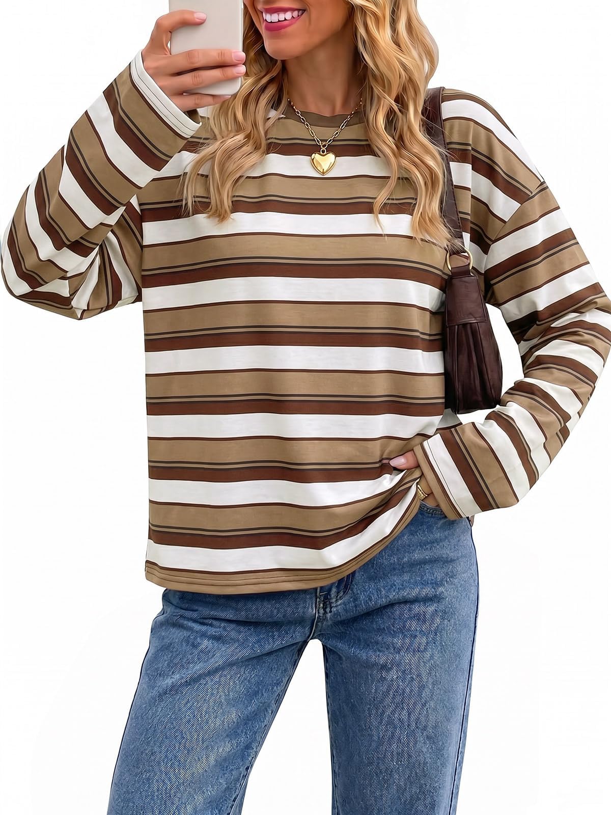 Cicy Bell Damen Gestreift Langarmshirt Oversize Rundhals Oberteil | Streifen,Langarm,Loose Fit,Basic,Bluse,Baumwolle,Top,Sweatshirt,Casual