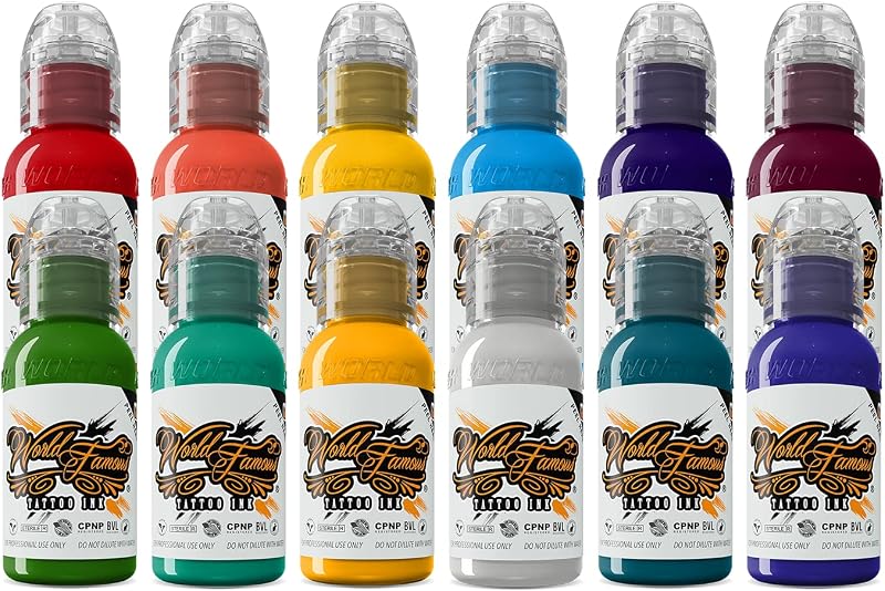 Kit de Tintas para Tatuagem WORLD FAMOUS TATTOO INK com 12 Cores Primárias #3, 12 Frascos de 30 mL