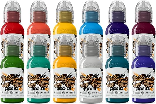 World Famous Tattoo Ink - 12 Primary Color Tattoo Kit #3 - Professional Tattoo Ink in Color Assortment, Includes White Tattoo Ink - Skin-Safe Permanent Tattooing - Vegan & Non-Toxic 1 oz Each