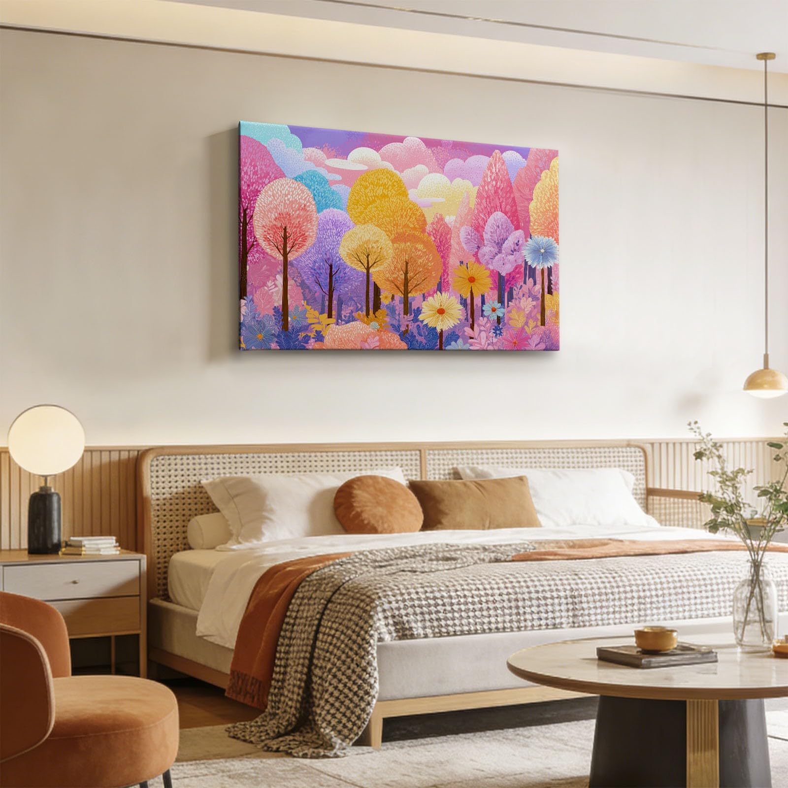 Generisch Aquarell Romantisch Wald Bäume Modernes Leinwandbild 140L x 70B cm mit Rahmen, Zartrosa XXL Wanddeko für Wohnzimmer Geschenk Idee Einzug - Hochwertiger Kunstdruck auf Holzrahmen