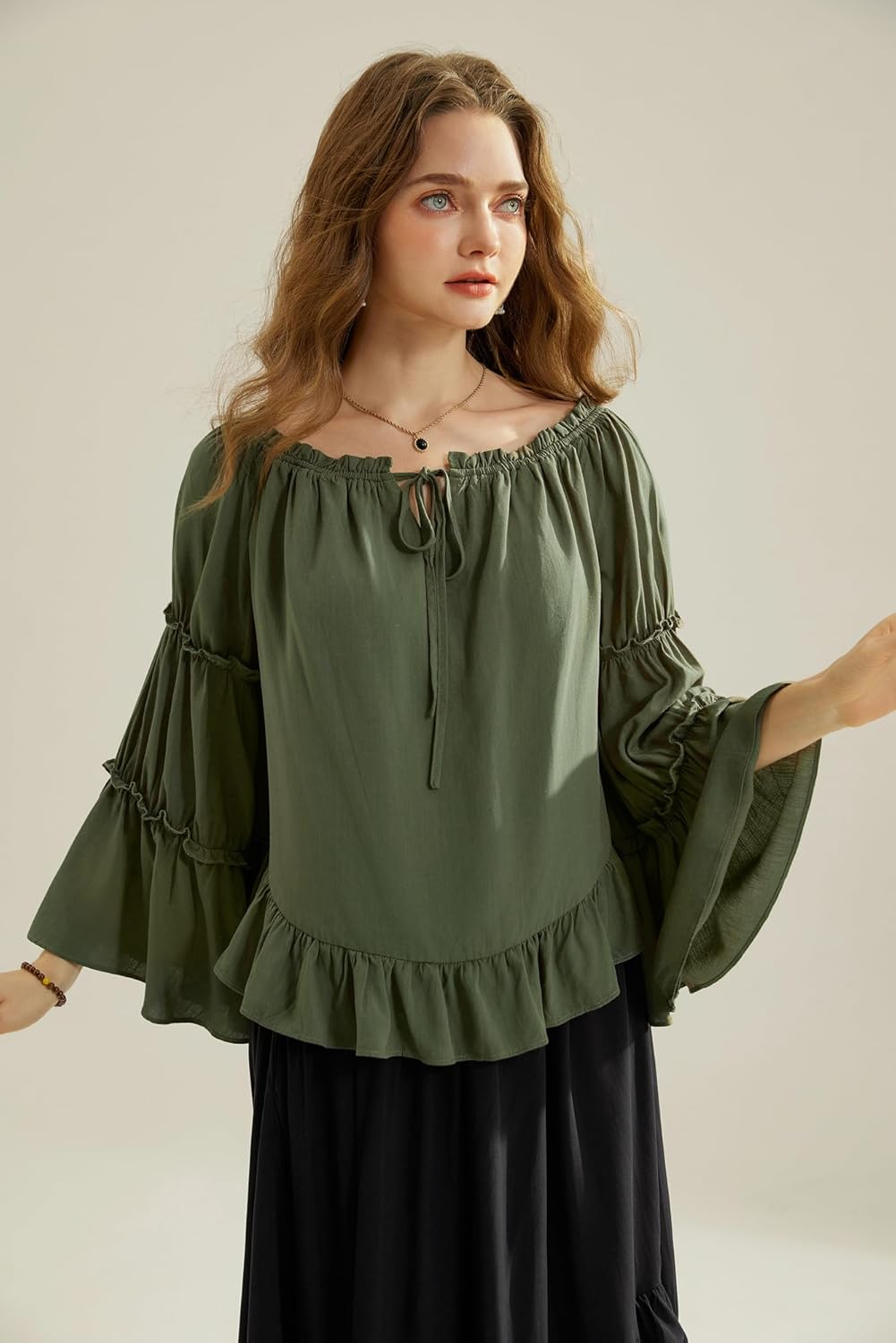 Scarlet Darkness Women Bell Sleeve Tops Ruffle Off Shoulder Casual Loose Renaissance Peasant Blouse - Image 2