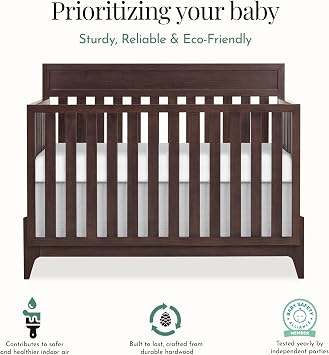 Evolur Atlas 5-in-1 Convertible Full-Size Baby Crib in Chestnut, GreenGuard Gold & BSA, Timeless Modern Minimalist, 3 Mattress Heights, Converts to Toddler, Day & Full-Size Bed