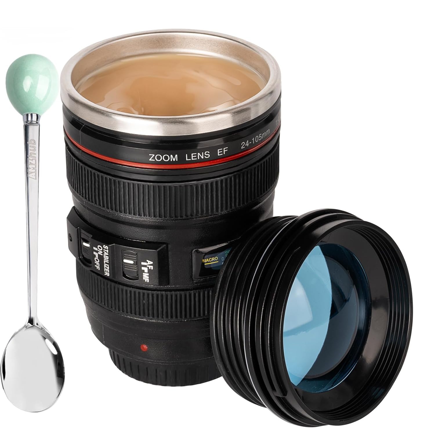 Excefore Camera Lens Coffee Mug,Travel Coffee Cup,Stainless Steel Lens Mug Thermos Camera Lens Mug with Lid and Spoon,Cool Gifts for Photographers Men and Women
