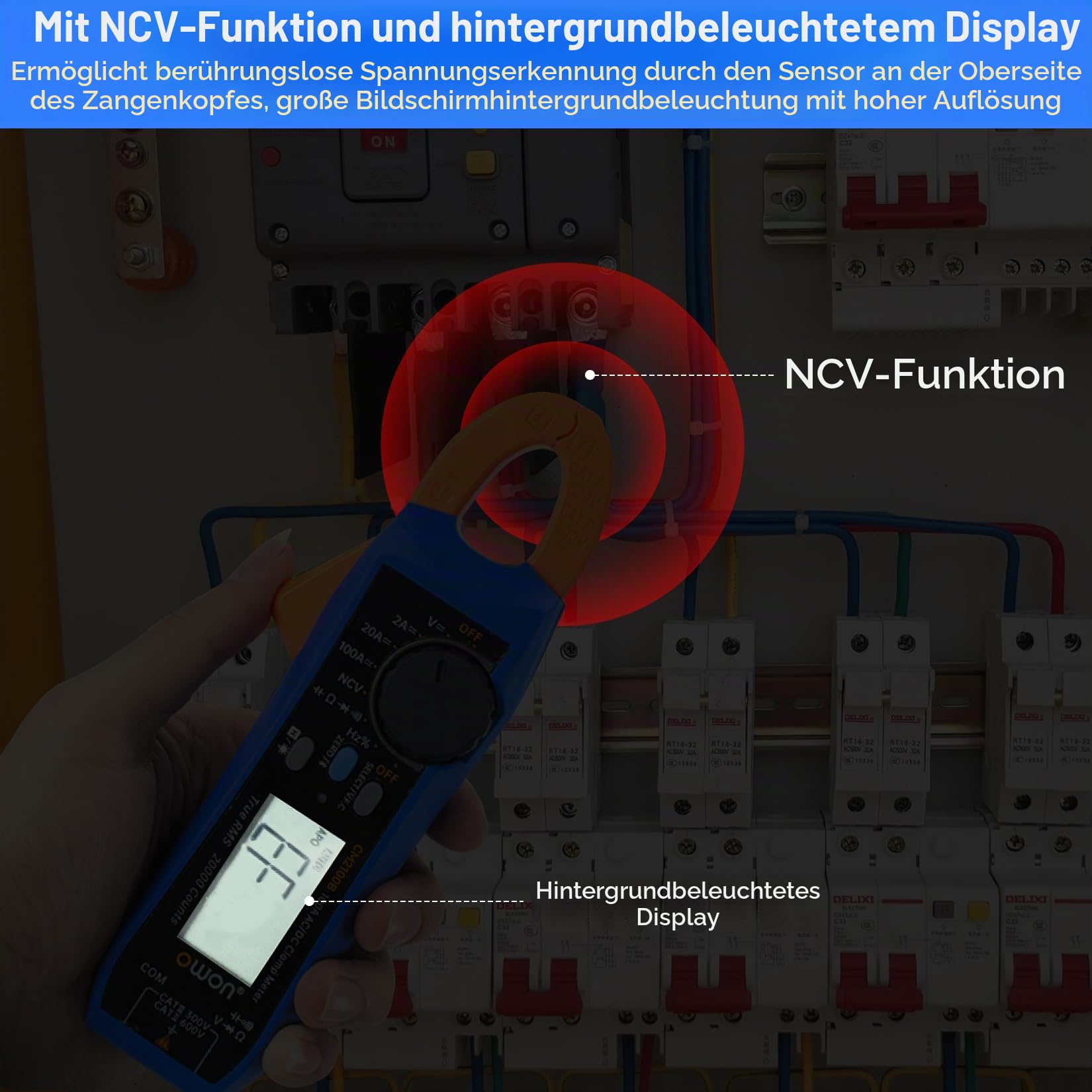 OWON CM2100B Mini Bluetooth Zangenmessgerät 20000 Zählungen Handheld True RMS 600 V 100 A AC/DC Strom- und Spannungstest mit VFC-Überlastschutz, Widerstandskapazitätstester, NCV-Erkennungsfunktion