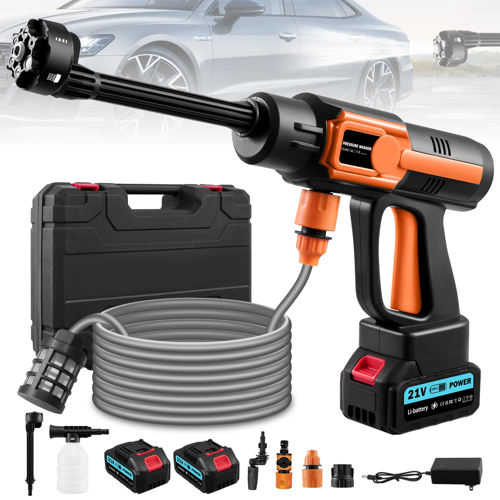 Cordless Pressure Washer 21V, 6-in-1 Portable Power Washer, 120Bar High Pressure Jet Washer with 2 Batteries&LCD Display&5m Hose, 10 Speed Adjustable Jet Wash for Car/Patio/Floor/Garden/Floor Cleaning