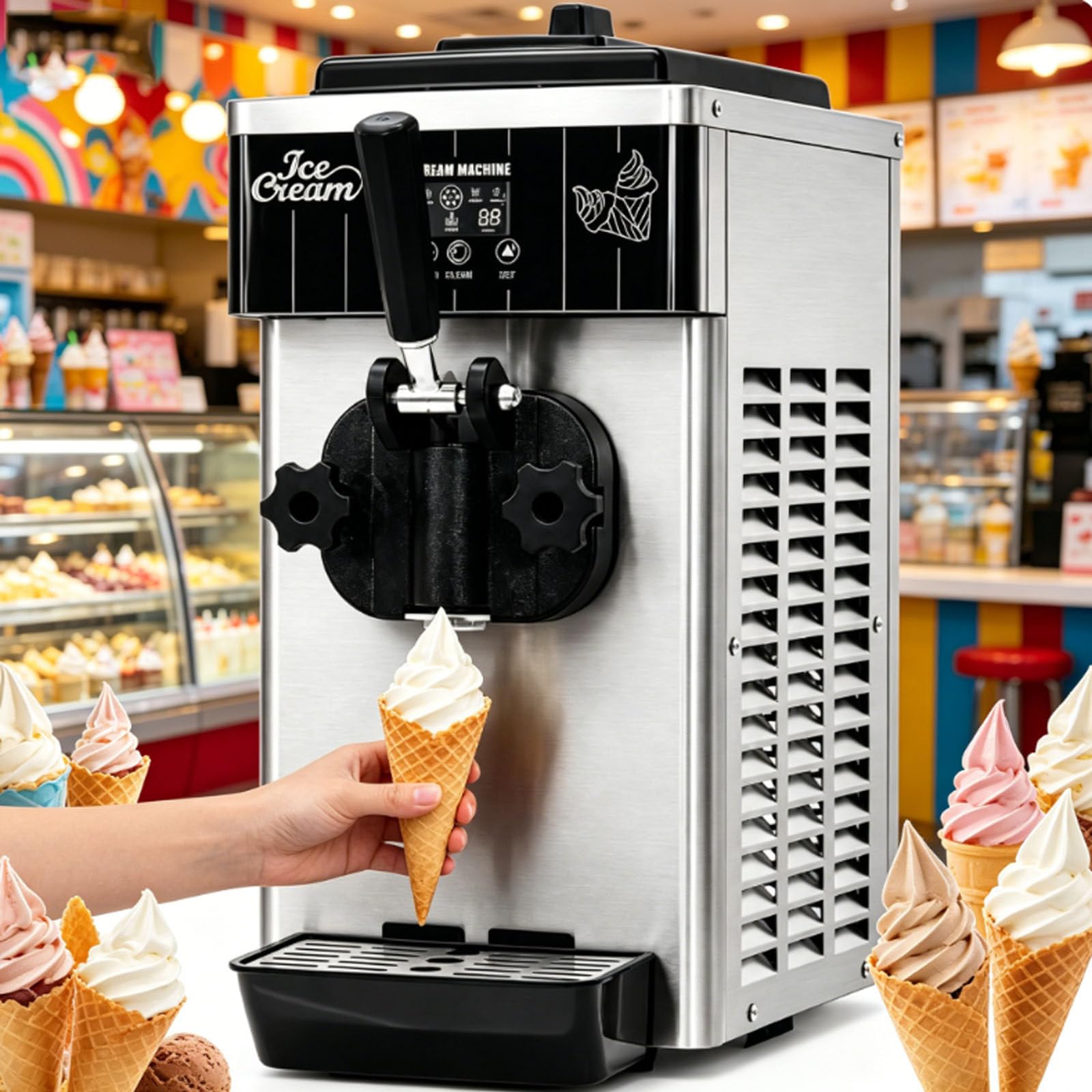 smafoseedding Automatic Soft Serve Ice Cream Maker, Soft Serve Ice Cream Machine with 450W Fast Freezing, 2.5L Hopper, 4-6L/H Output,Countertop Single Flavor Maker for Dessert Shops & Food Trucks