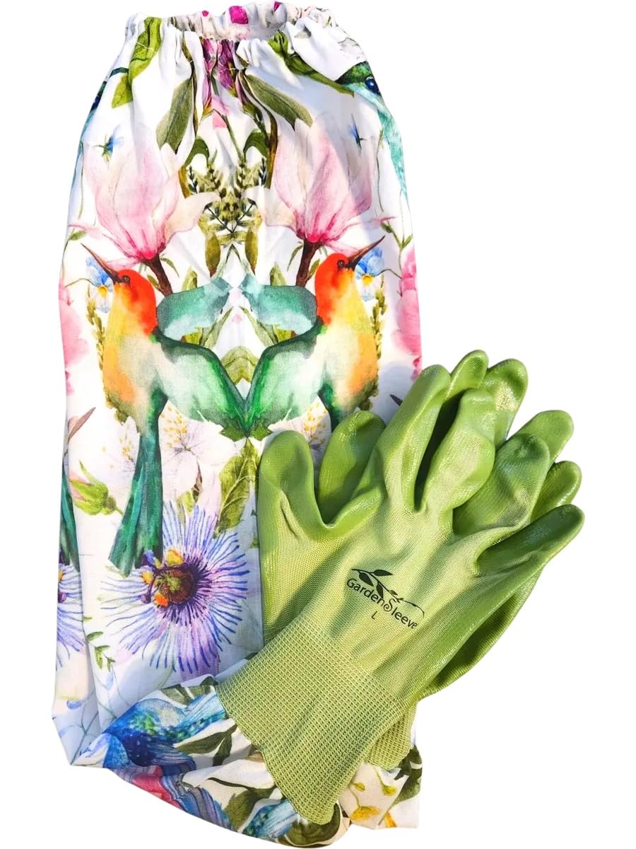 NOMPI GARDENSLEEVES Anti-Scratch Sleeve Long Gardening Glove for Women farmers arm protection from ivy oak sumac (Hummingbirds, Medium)