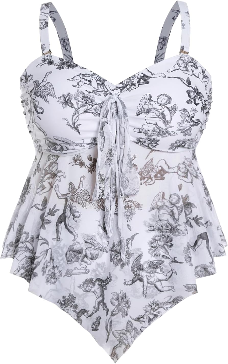 Floerns Women's Plus Size Tankini Set Floral Ruffle Hem Knot Front High Waisted 2 Piece Bathing Suit