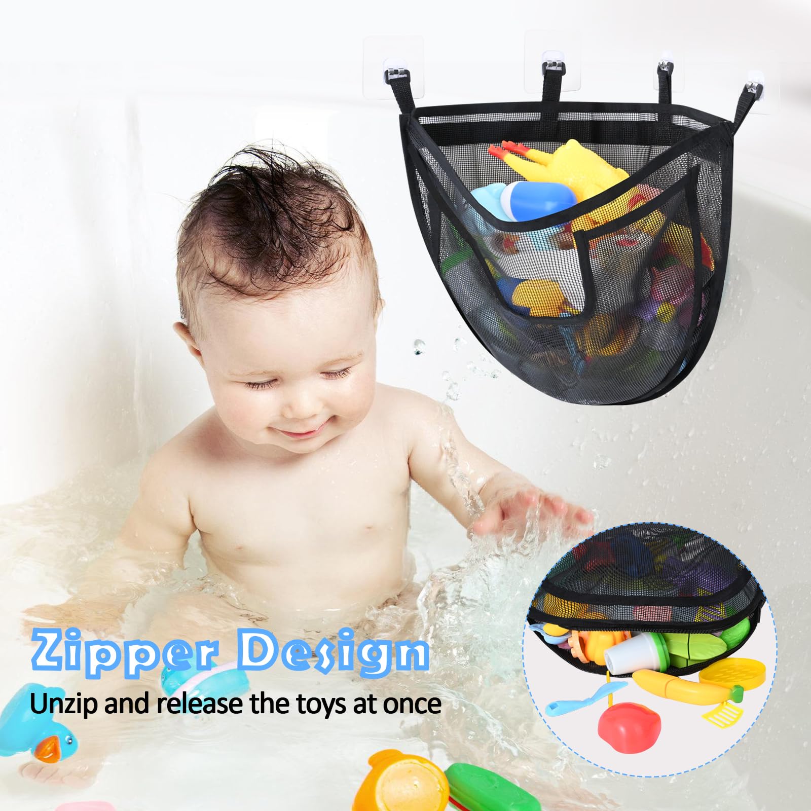 DOCMON Bath Toy Storage, Large Capacity Holder with Zipper, Quick Release Bathtub Storage with Large Pocket - Image 3
