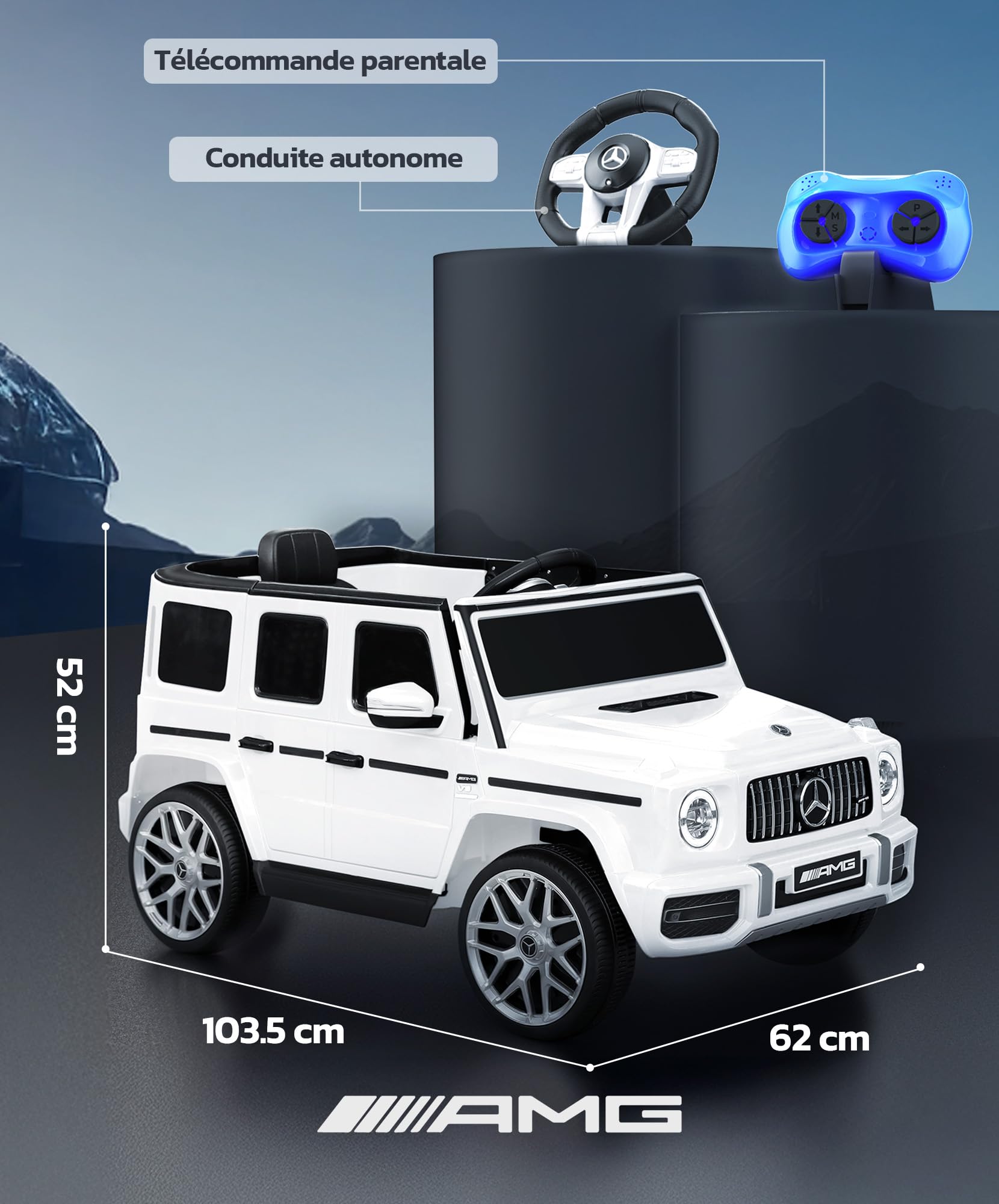ELEMARA Voiture Électrique Enfant Mercedes Benz AMG G63,Voiture pour Enfant avec télécommande parentale,Camion électrique à Conduite,Suspension Ressort,Lumière Clignotante/LED,Bluetooth,Musique,Blanc