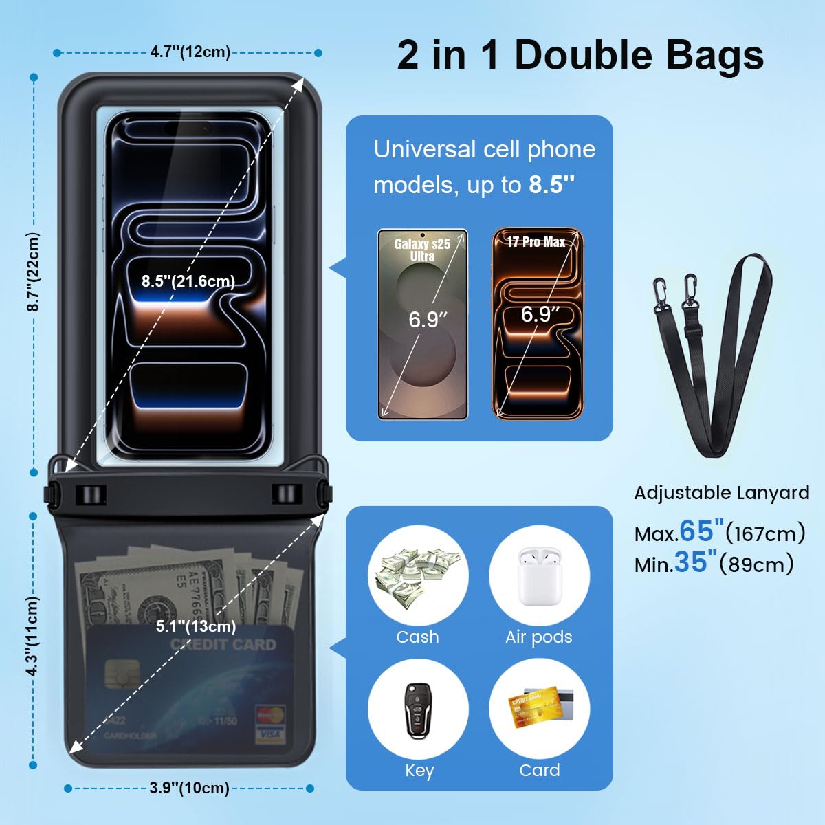 Rynapac Custodia per telefono impermeabile a doppio spazio galleggiante | Touch screen, custodia impermeabile IPX8, per iPhone 17 16 15 14 Pro Max, cordino regolabile, Beach & Cruise Essentials 2026