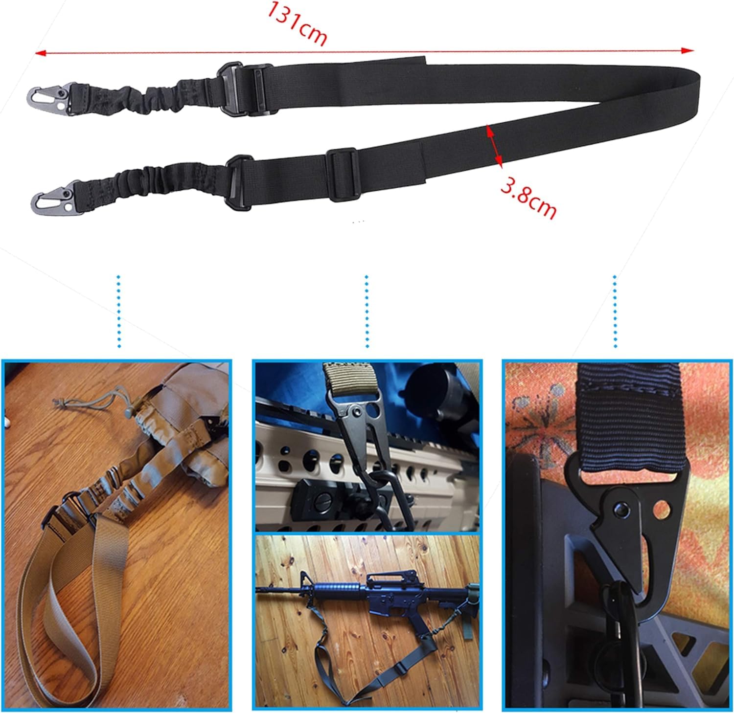 Correa Ajustable Negra Airsoft para Rifle + Enganche Táctico Point Sling 2 Puntos Multiusos Armas Cuerda Paintball Cinta de Sujeción Paracord Sistema Elastico Caza y Deportes Aire Libre
