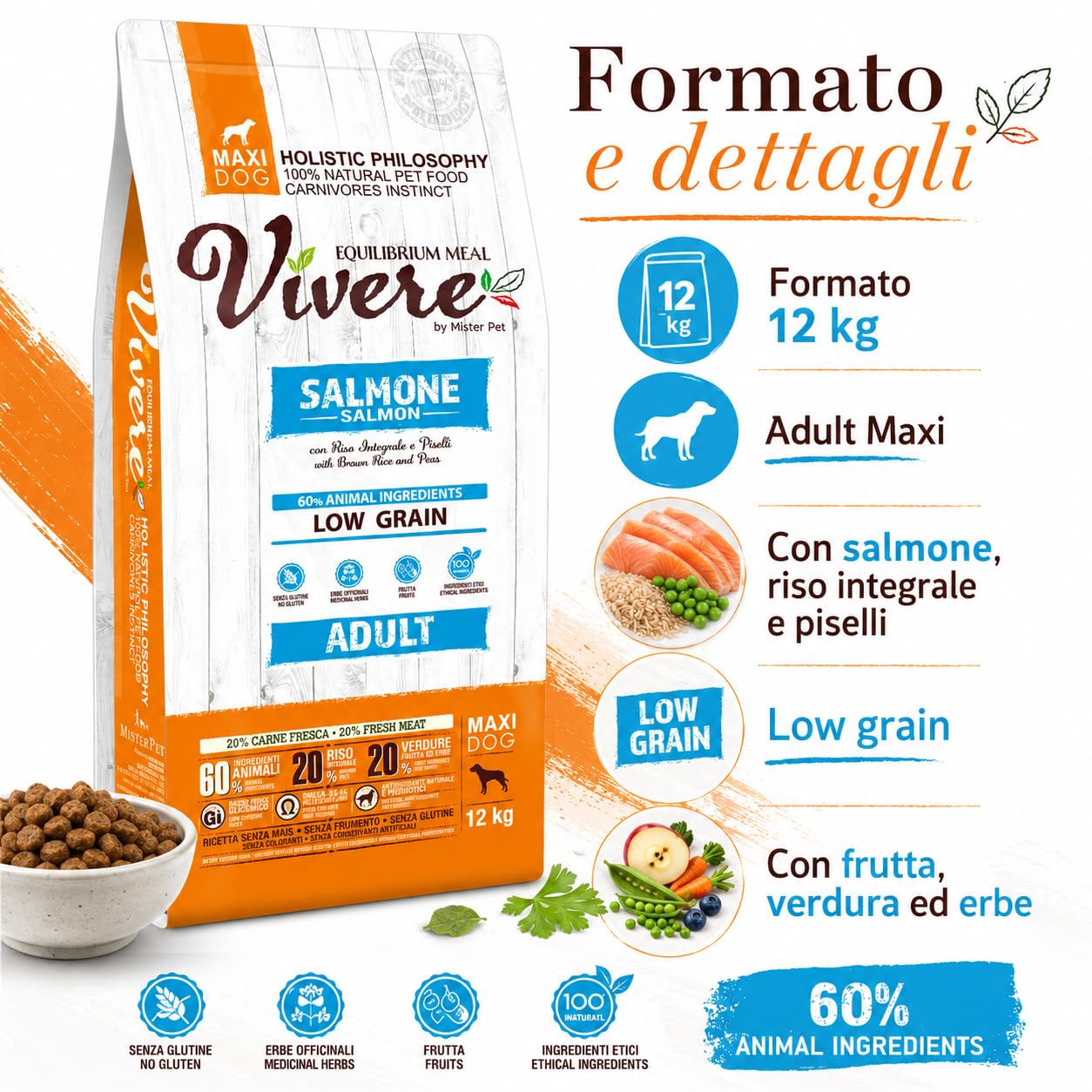 Vivere Adult Maxi Crocchette Cane Adulto con Salmone, Mangime Secco Low Grain Gluten Free per Cani Taglia Grande, Alimento Completo con Omega 3, Prebiotici, Frutta ed Erbe, 12 kg