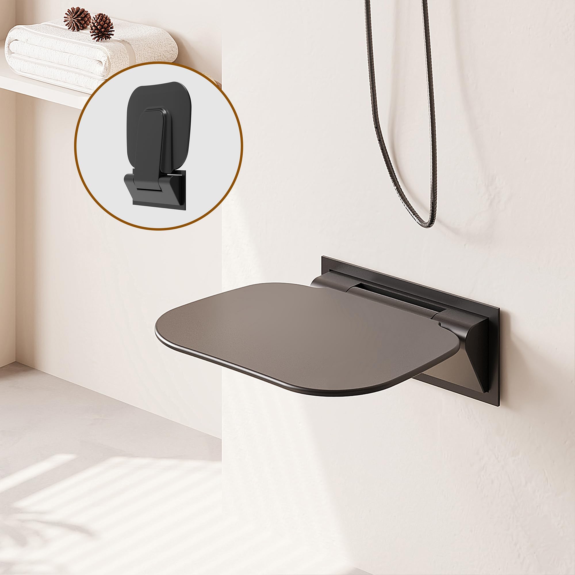 Asiento de ducha ampliado plegable montado en la pared, color negro, 40 × 39 cm, taburete de ducha para baño, silla de ducha plegable para reinstalación y renovación de baño