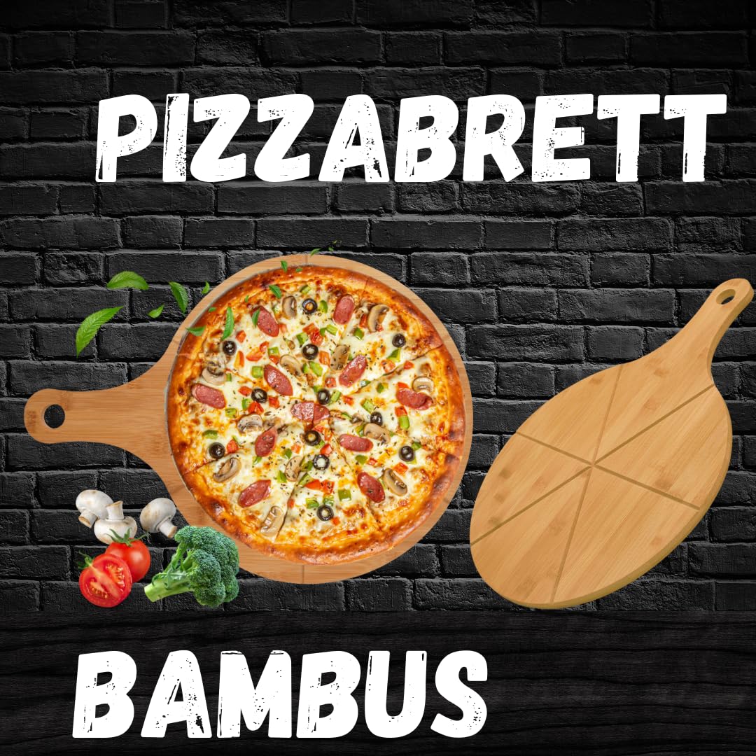 hausleben Lot de 6 Planches à Pizza en Bambou 33 cm – Planche Ronde avec Poignée et Rainures de Découpe – Plateau de Service pour Pizza, Flammekueche, Apéritif et Cuisine