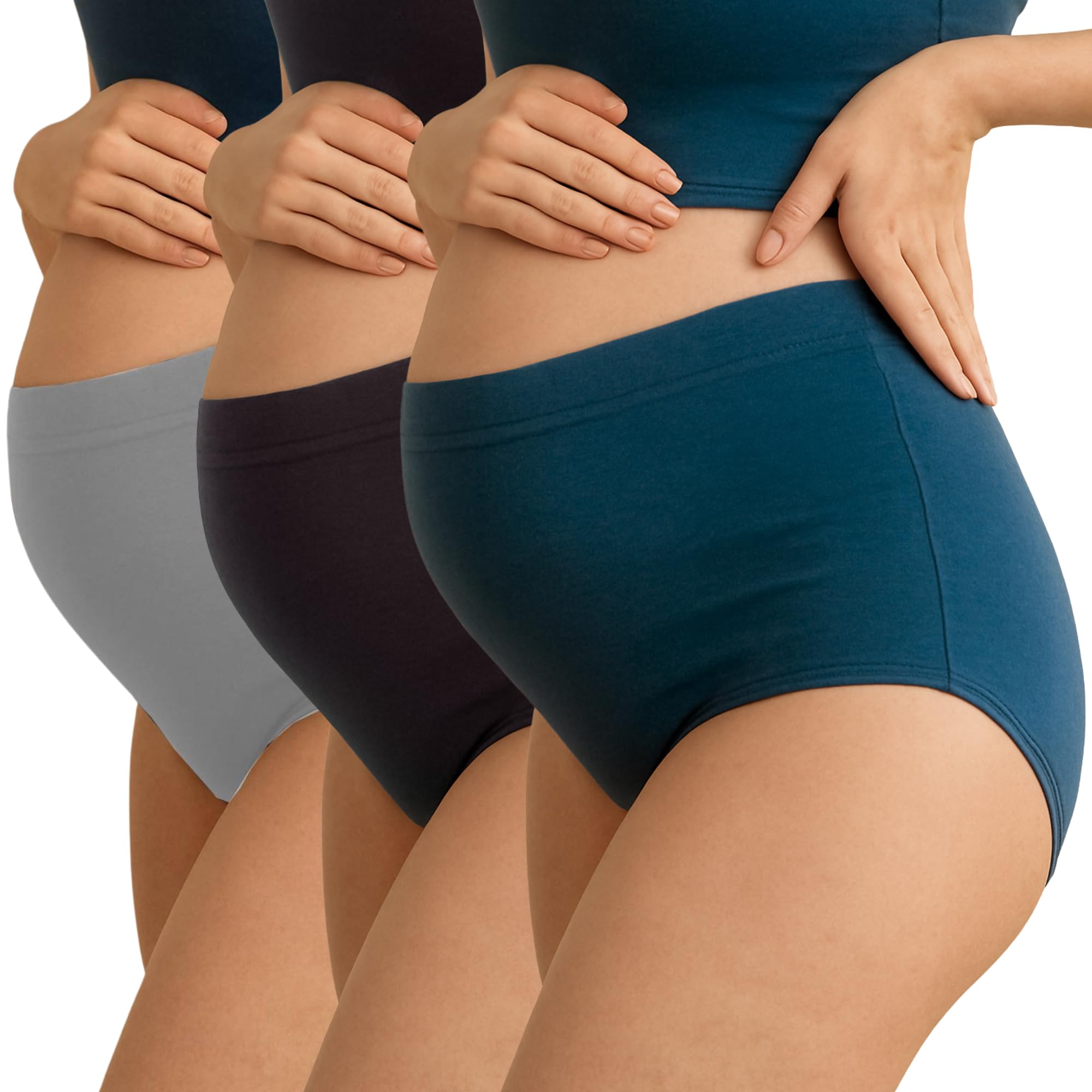 tummy High Waist Pregnancy Panty Grey Blue Black? Pack of 3 | Bamboo Cotton Maternity Underwear for New Moms | Over Bump | Comfortable Postpartum Support-picture-13