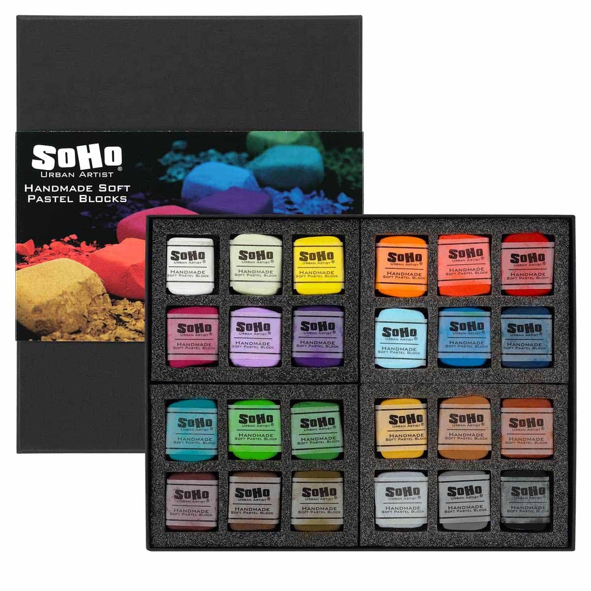 Soho Urban Artist Handgefertigte, weiche Pastellblöcke, sortiert, Set mit 24 professionellen Pastellkreiden, samtige Farben zum Tonen von Papier, großflächigen Zeichnungen und Schichten, lichtecht und