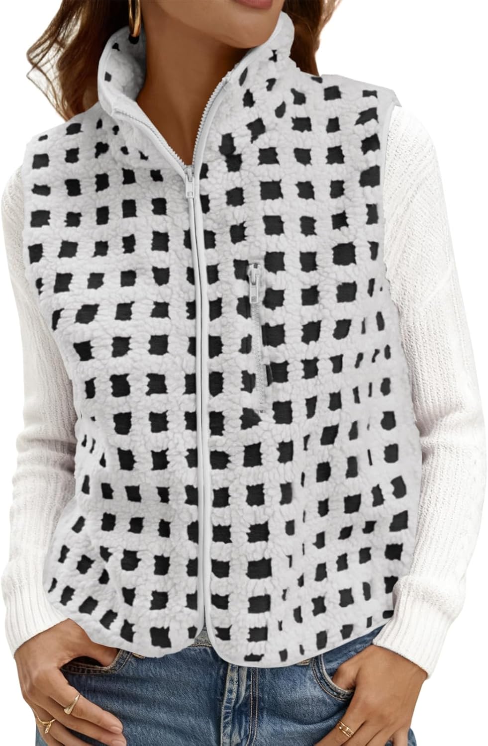 Tankaneo Womens Checkered Sherpa Vest Fleece Fuzzy Zip Up Sleeveless Jacket Casual 2025 Winter Warm Outwear