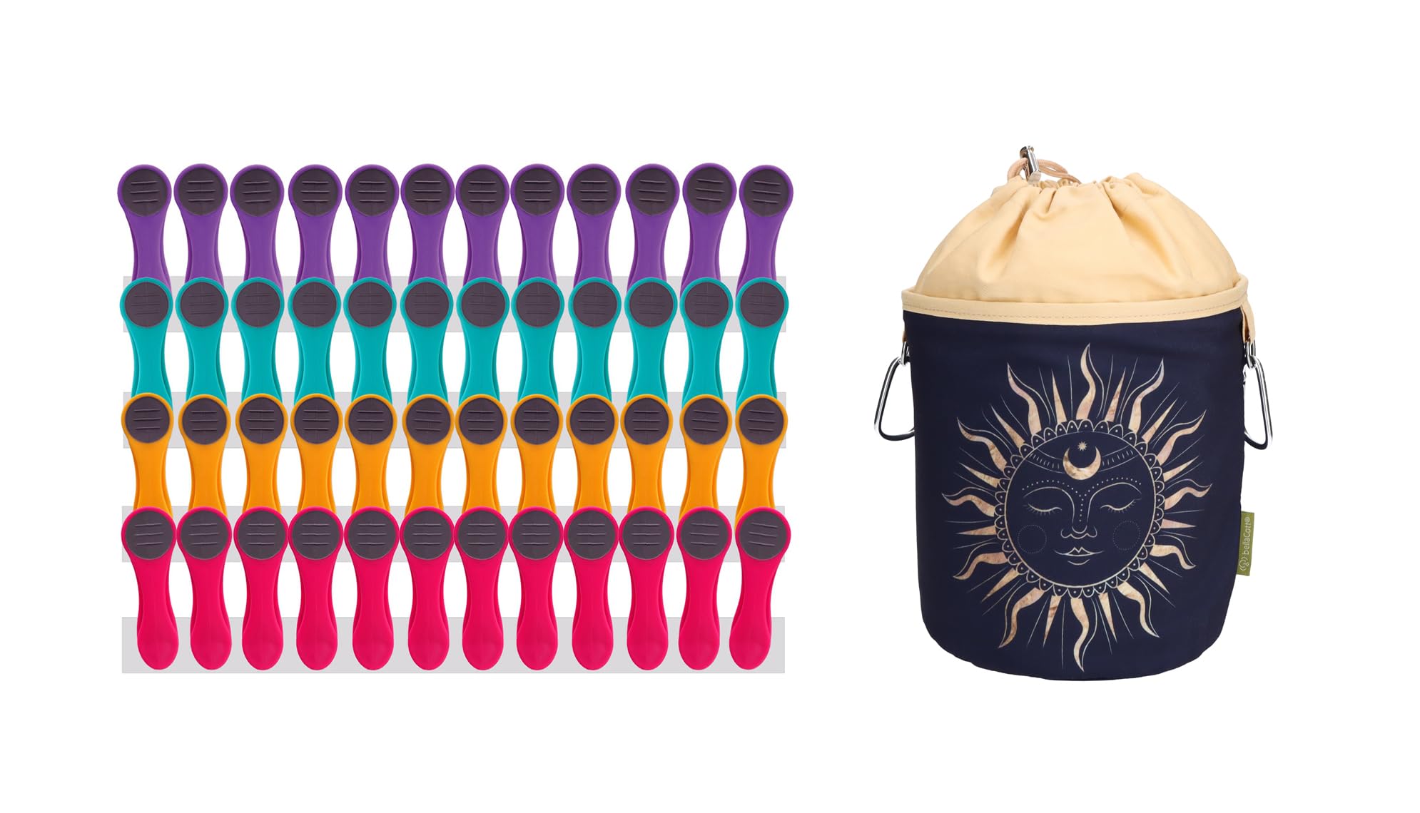 48 Clothes Pegs with Soft Grip and 1 Clothes Peg Bag - 12 x Purple, 12 x Turquoise, 12 x Yellow, 12 x Pink, 1 x Yellow Bag