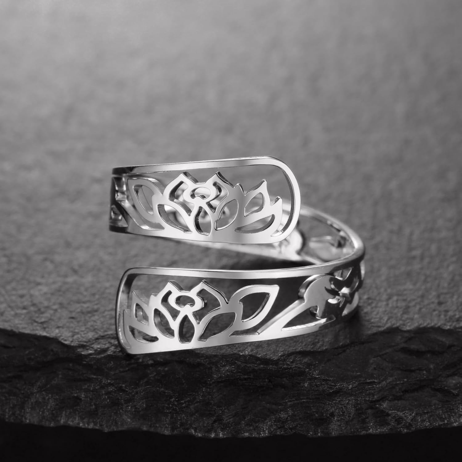 TEAMER Adjustable Lotus Flower Ring Stainless Steel Lotus Flower Ring Elegant Yoga Jewelry Band Ring For Women - Image 4