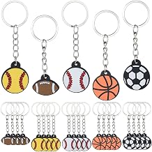 SUNNYCLUE 1 Box 25Pcs 5 Styles Sports Key Chains Sport Theme Keychains Bulk Colorful Silicone Flat Round Soccer Baseball Basketball Alloy Key Ring for Handbag Bag Charms Team Gift Decoration Purse