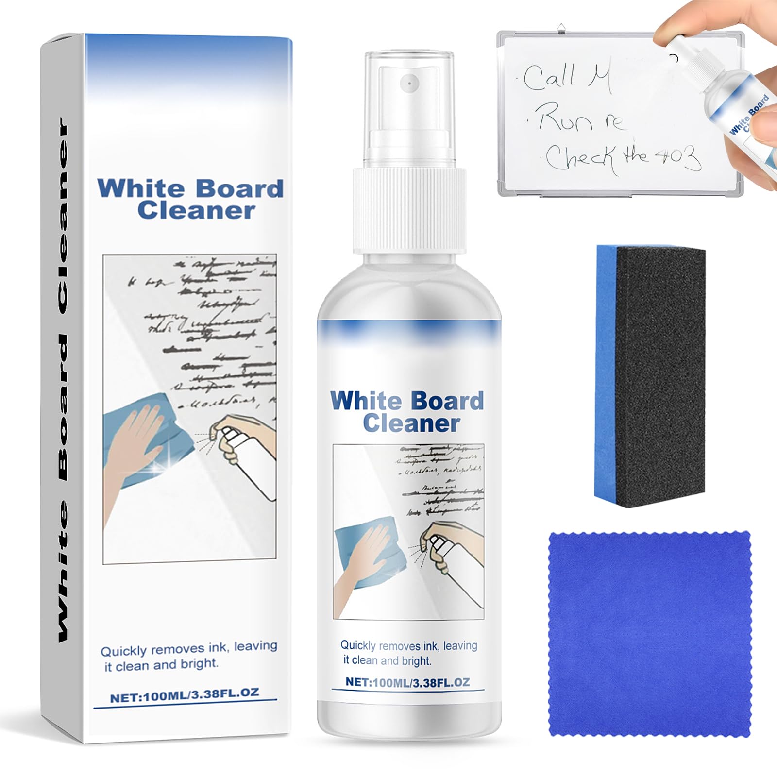 Whiteboard Cleaner, White Board Surface Cleaner Spray Comes with Towel & Sponge Scrubber, Removes Stubborn Marks from Whiteboards, Whiteboard Accessories for Schools, Offices, Classrooms, 100ML