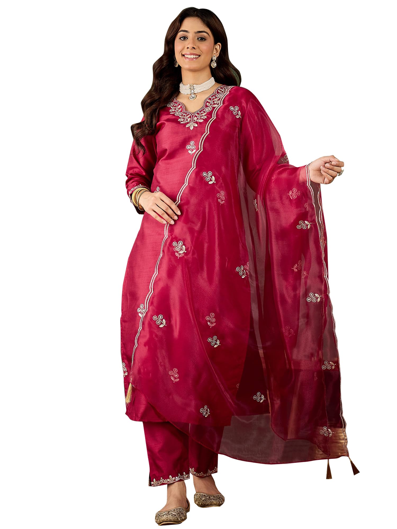 VredeVogel Women's Ethnic Wear Embroidered Silk Blend Kurta Pant Set with Organza Dupatta | Festive & Casual Summer Kurti with Pants for Party Office & Ethnic Occasions