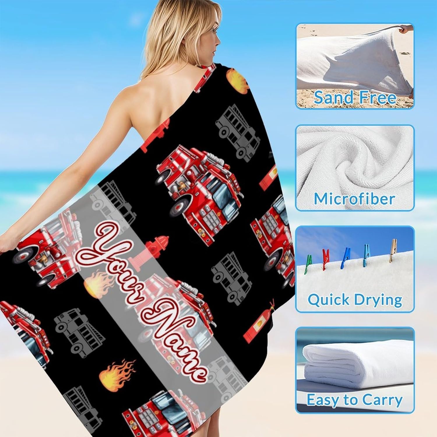 Custom Beach Towel for Kids Adults, Personalized Fire Truck Towels with Name for Boys Men, 40x70 Inch Beach Bath Towel for Pool Gym Swimming Holiday Travel