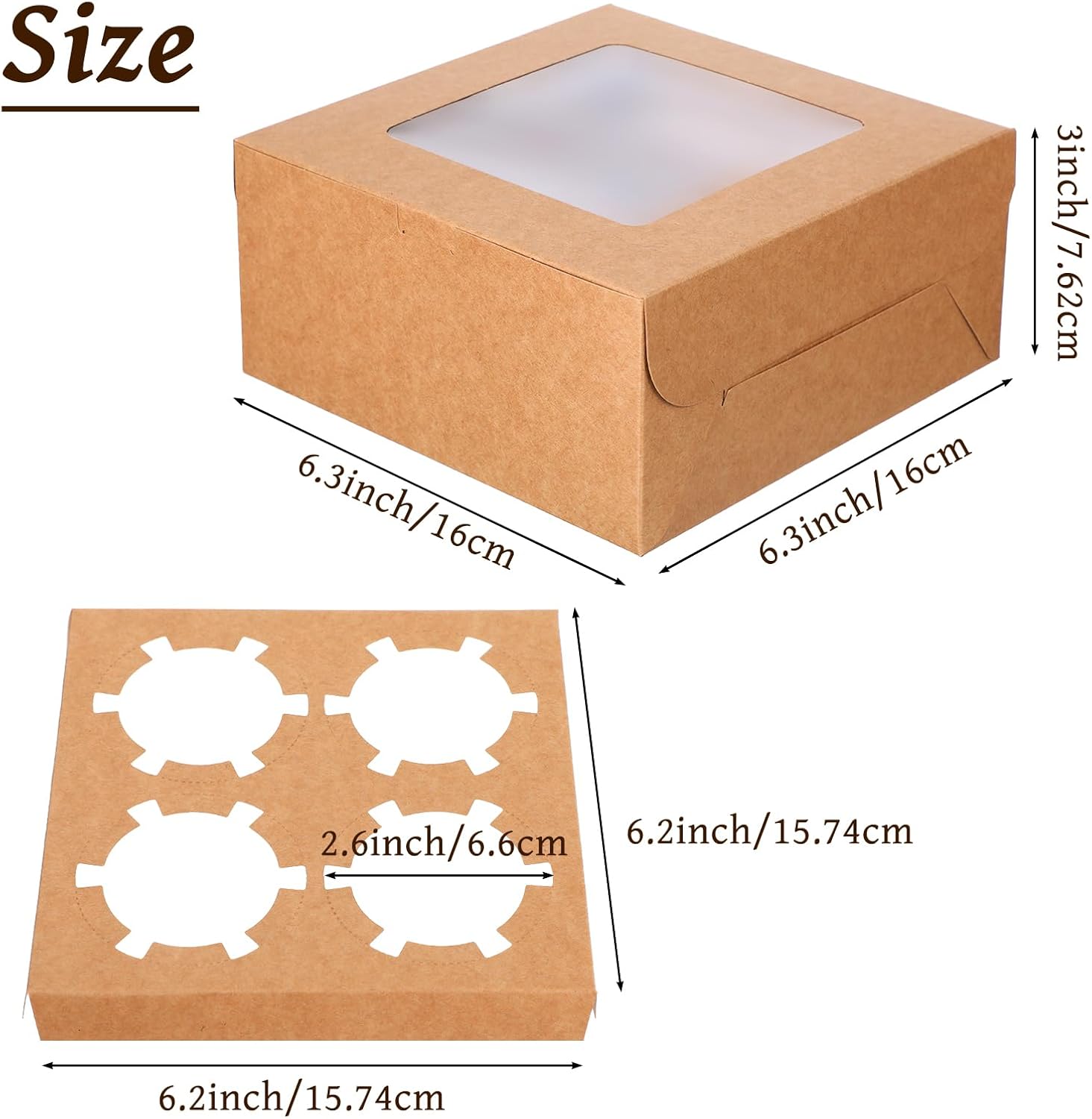 50 PCS Window Cupcake Boxes 4 Count, 6.3x6.3x3 Inch Muffin Boxes with Clear PET Lid & Paperboard, Disposable Bakery Containers for Pastries Cookies Desserts
