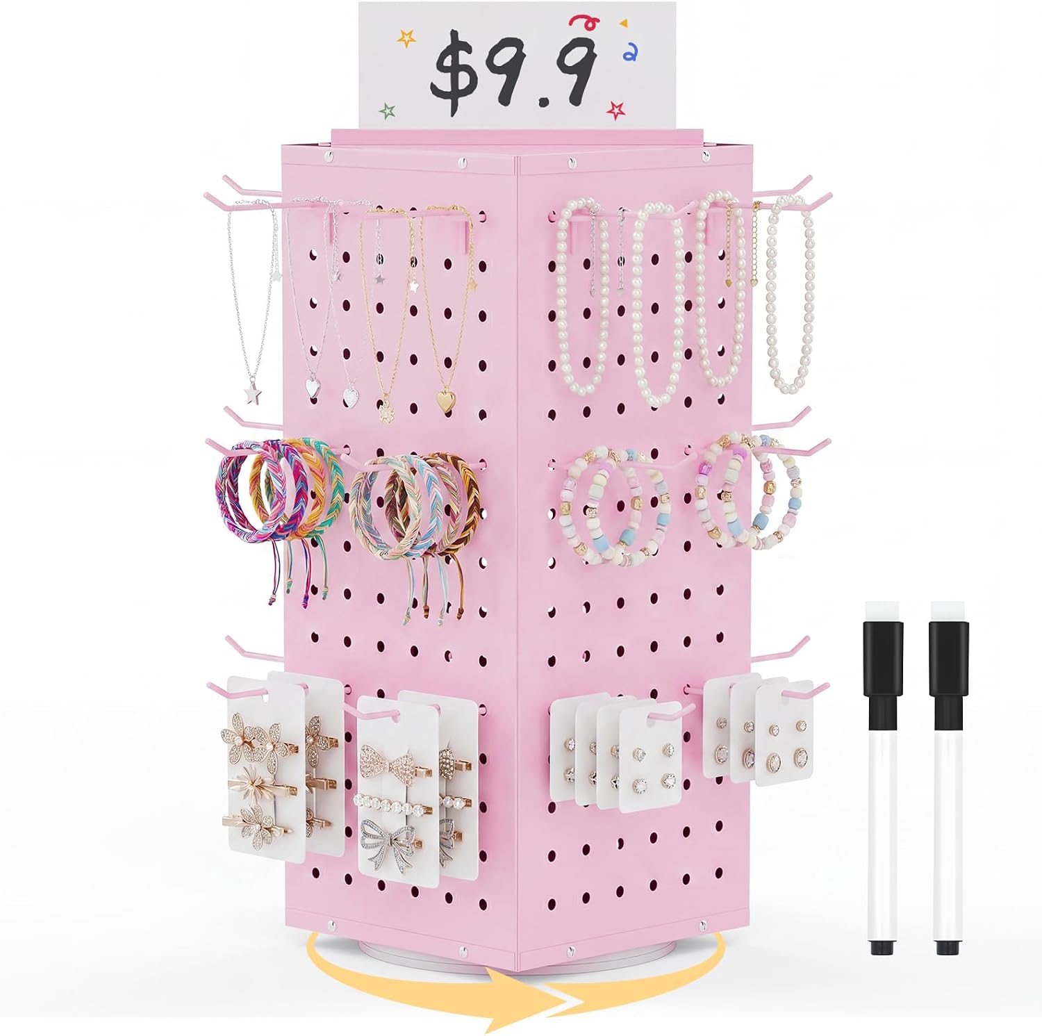 Rotating Pegboard Display Stand with 24 Hooks, Tabletop Metal Peg Board Shelf for Retail, Vendors, Selling & Shows, 4-Sided Craft Rack Organizer for Accessories, Jewelry (Pink)
