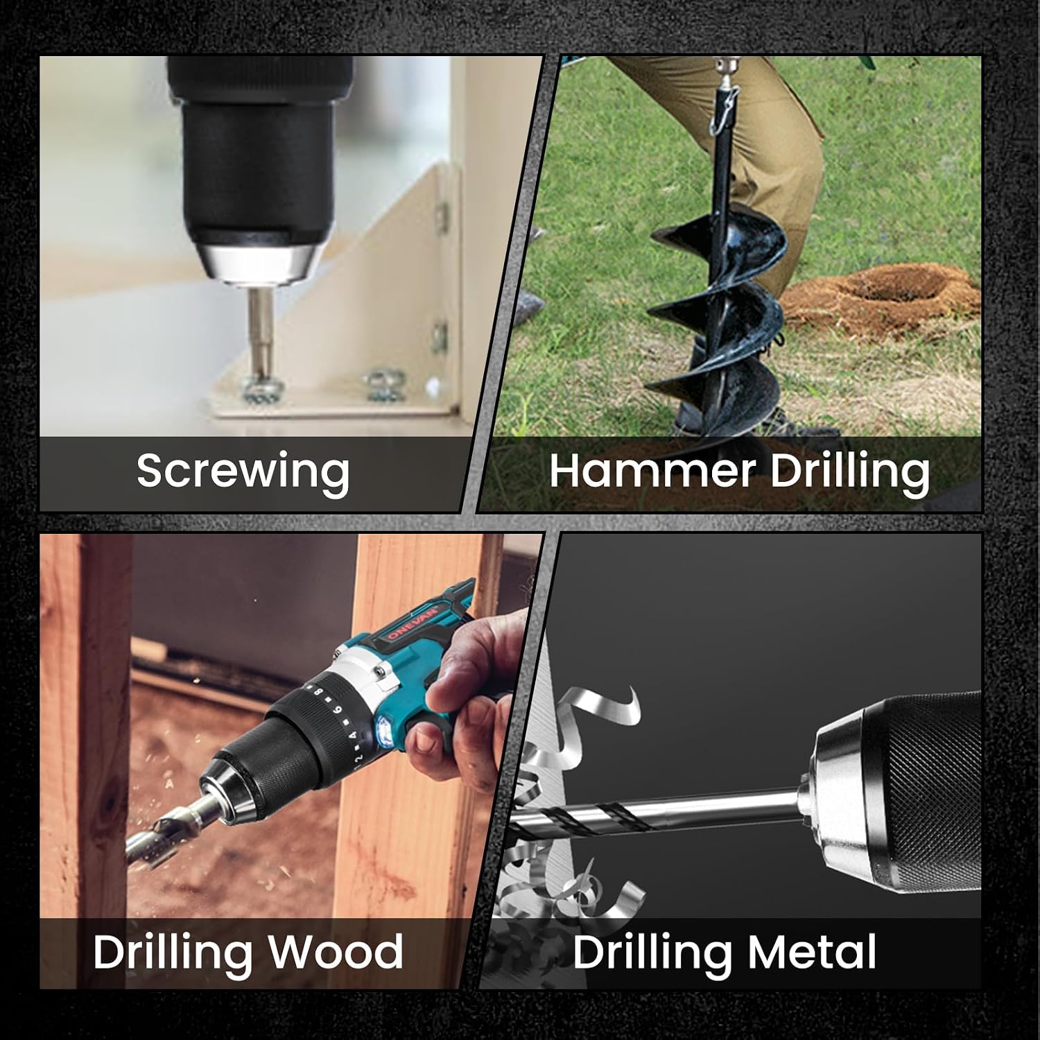 Four images demonstrating various applications of the drill: screwing, hammer drilling, drilling wood, and drilling metal.