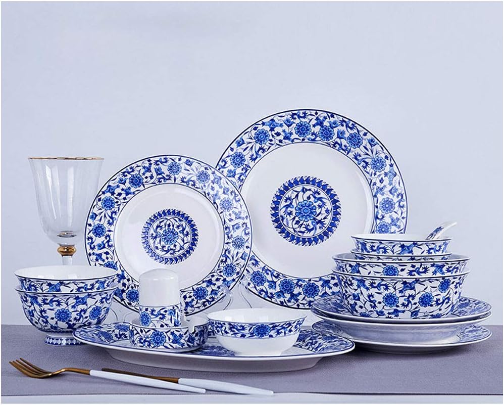 AMINSHAP 62-Piece Dinnerware Set, Blue And White Porcelain Tableware Set China Ceramic Dinner Combi-Set with Dessert Plate Soup Plate Dinner Plate Cup Saucer Service for 12