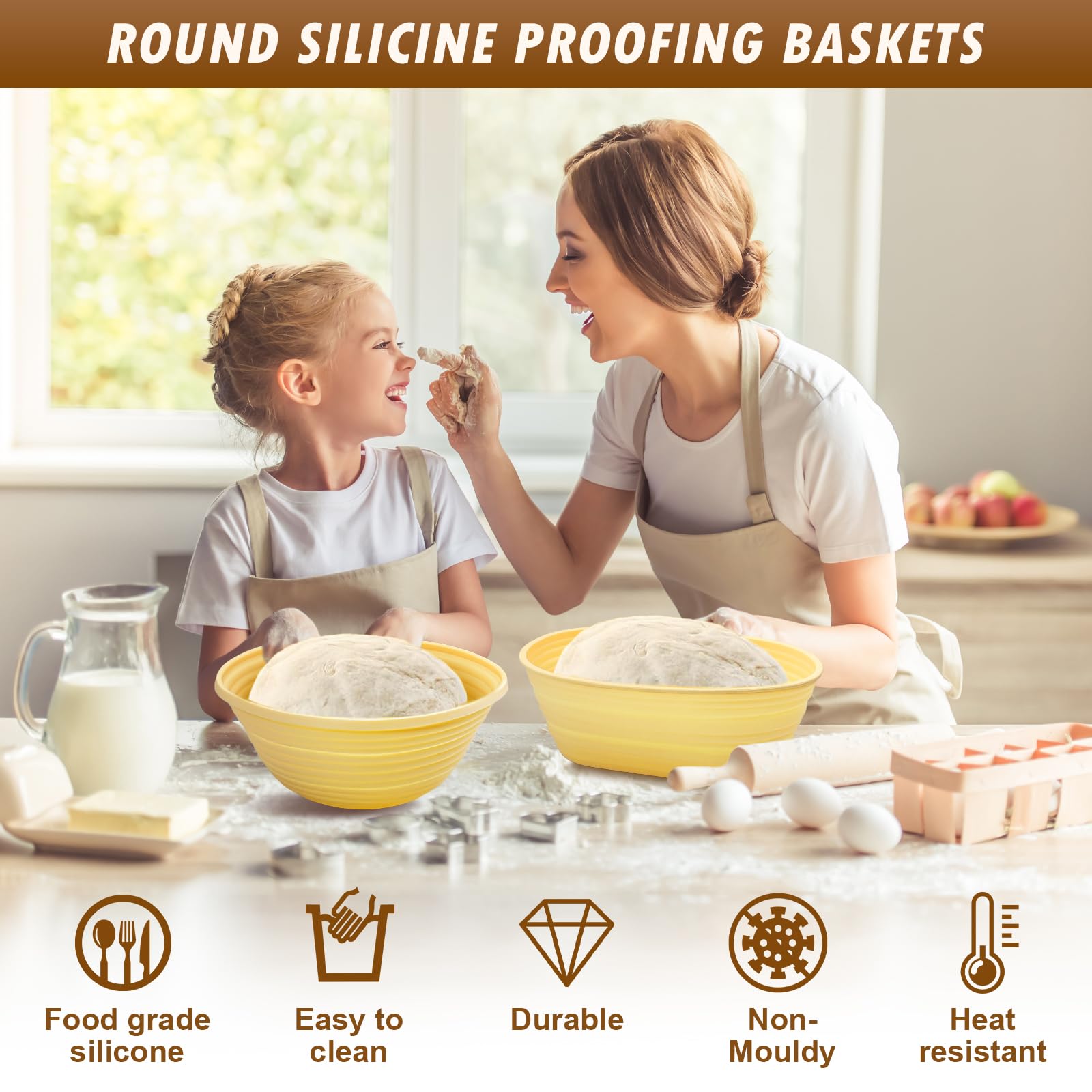 Set 2 Cestini Lievitazione Pane In Silicone - 23.5 Cm Rotondo E 26 Cm Ovale, Con Spatole E Pennello - Foto 5