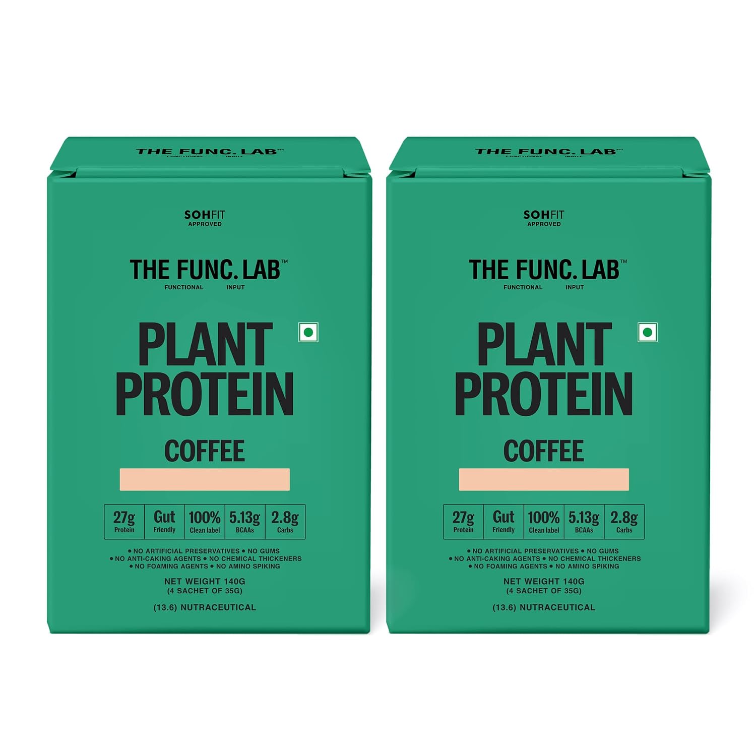 The Func. Lab Plant Protein - Coffee Travel Packs | (4 * 35g Sachets) Pack of 2 | 27g Protein per Scoop | Pea and Rice Blend | Vegan, Sugar‑Free, 100% Clean Label, Gut Friendly, Vegetarian