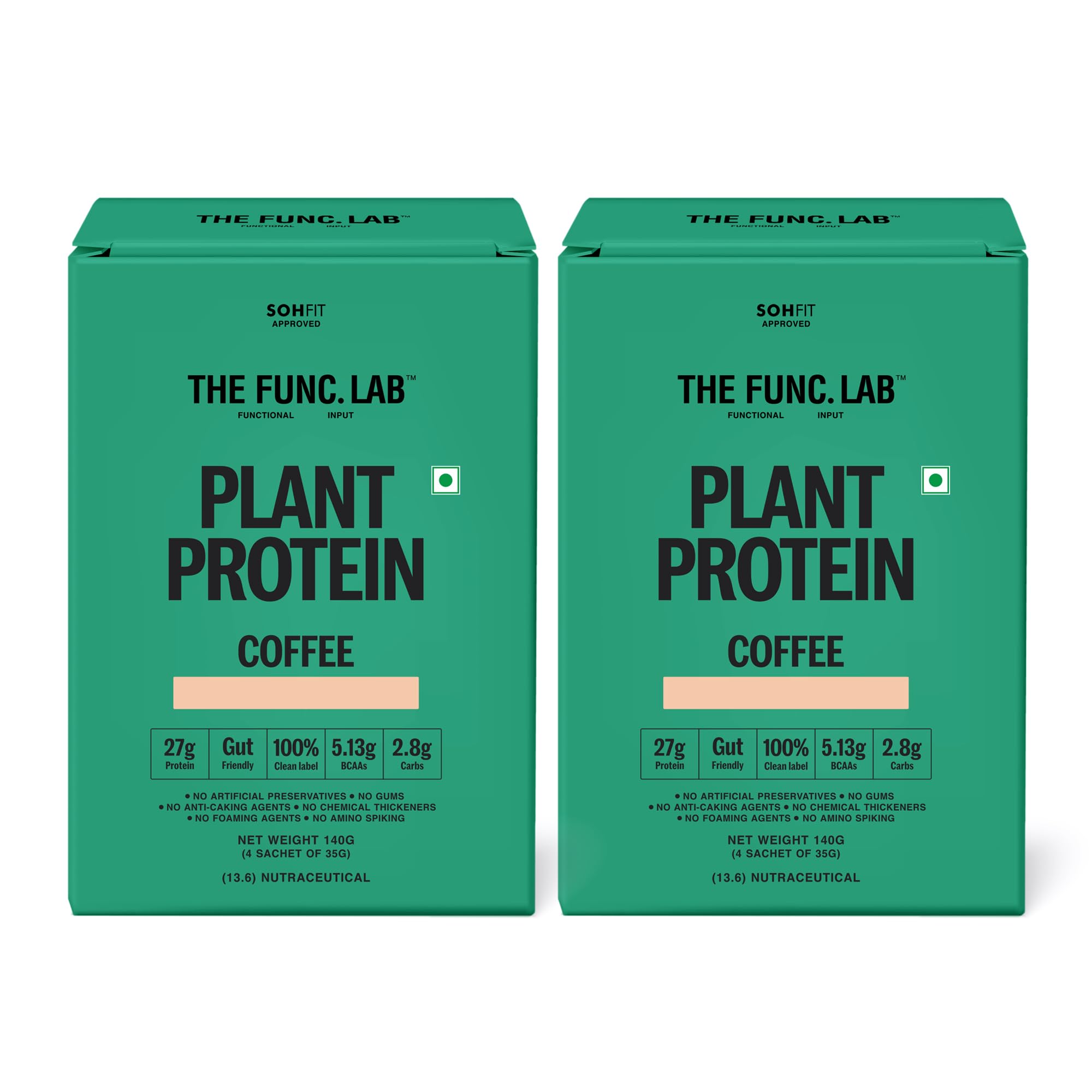 The Func. Lab Plant Protein - Coffee Travel Packs | (4 * 35g Sachets) Pack of 2 | 27g Protein per Scoop | Pea and Rice Blend | Vegan, Sugar‑Free, 100% Clean Label, Gut Friendly, Vegetarian