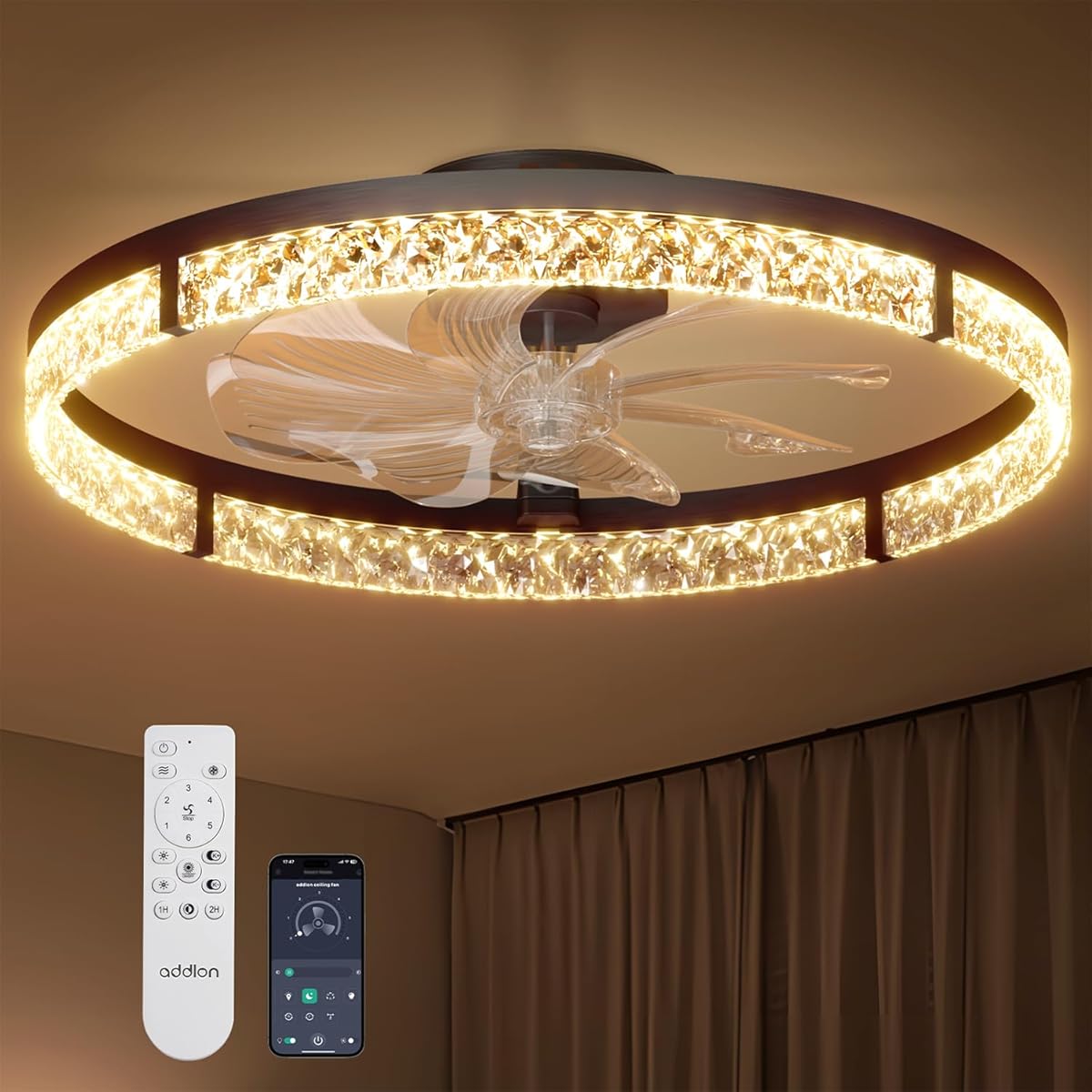 addlon Ceiling Fans with Lights and Remote, 24'' Low Profile Flush Mount Ceiling Fan, 3000–6000K Dimmable LED Fandelier, Bladeless Crystal Fan Light for Bedroom, Kitchen, Living Room, Black