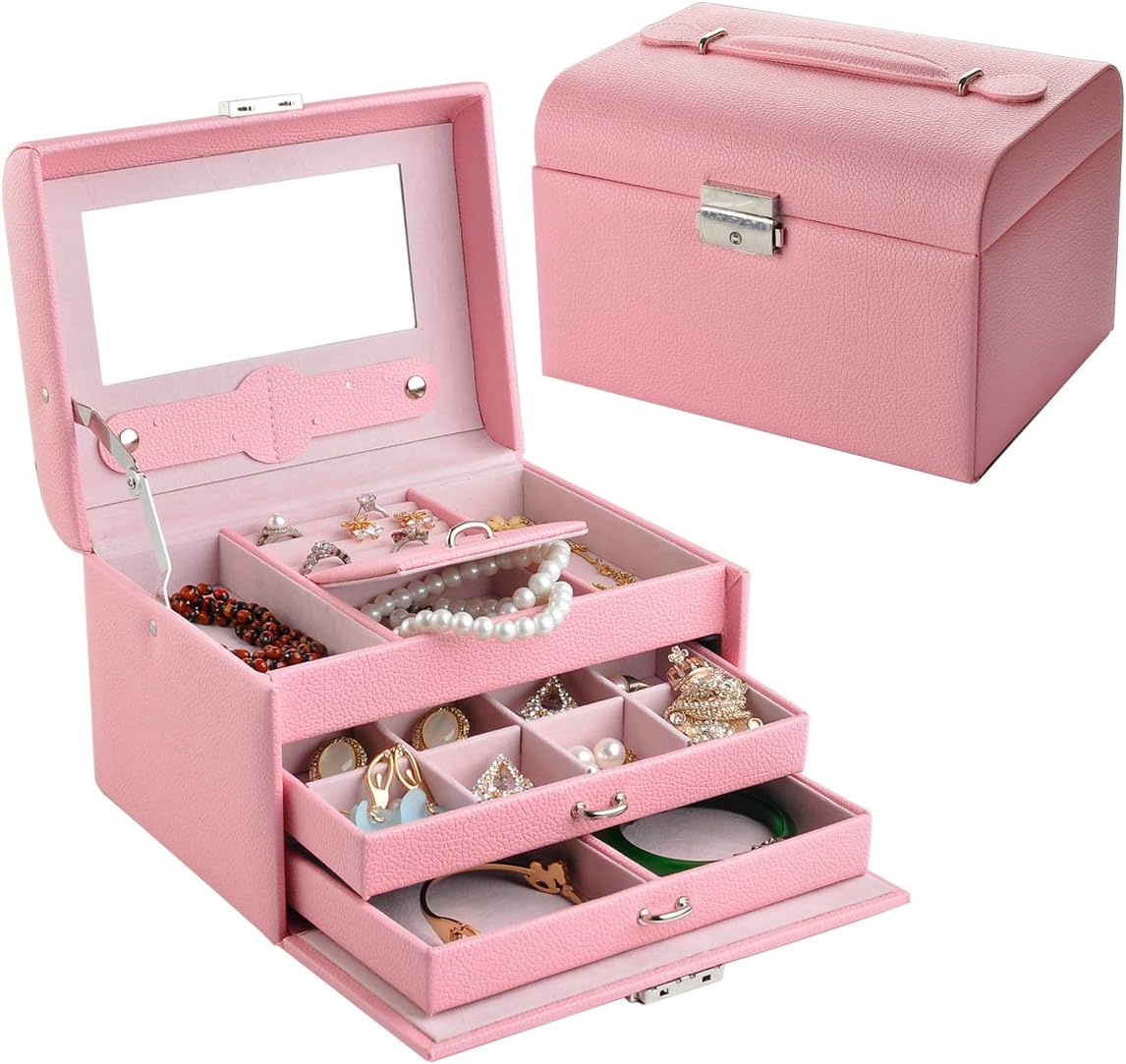 NirongLavie Faux Leather Jewelry Box Drawer Jewelry Organiser,Pink