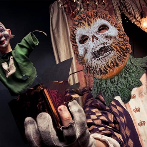 Vista 2 de PARTY ZONE Máscara de calabaza para cosplay de fantasma, máscara facial de calabaza de última noche, casco de látex, máscara facial para cosplay