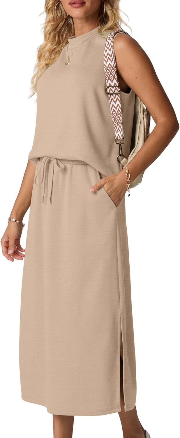 GRECERELLE Two Piece Skirt Sets for Women Sleeveless Mock Neck Top Split Maxi Skirt Vacation Travel Matching Set with Pockets - Image 2