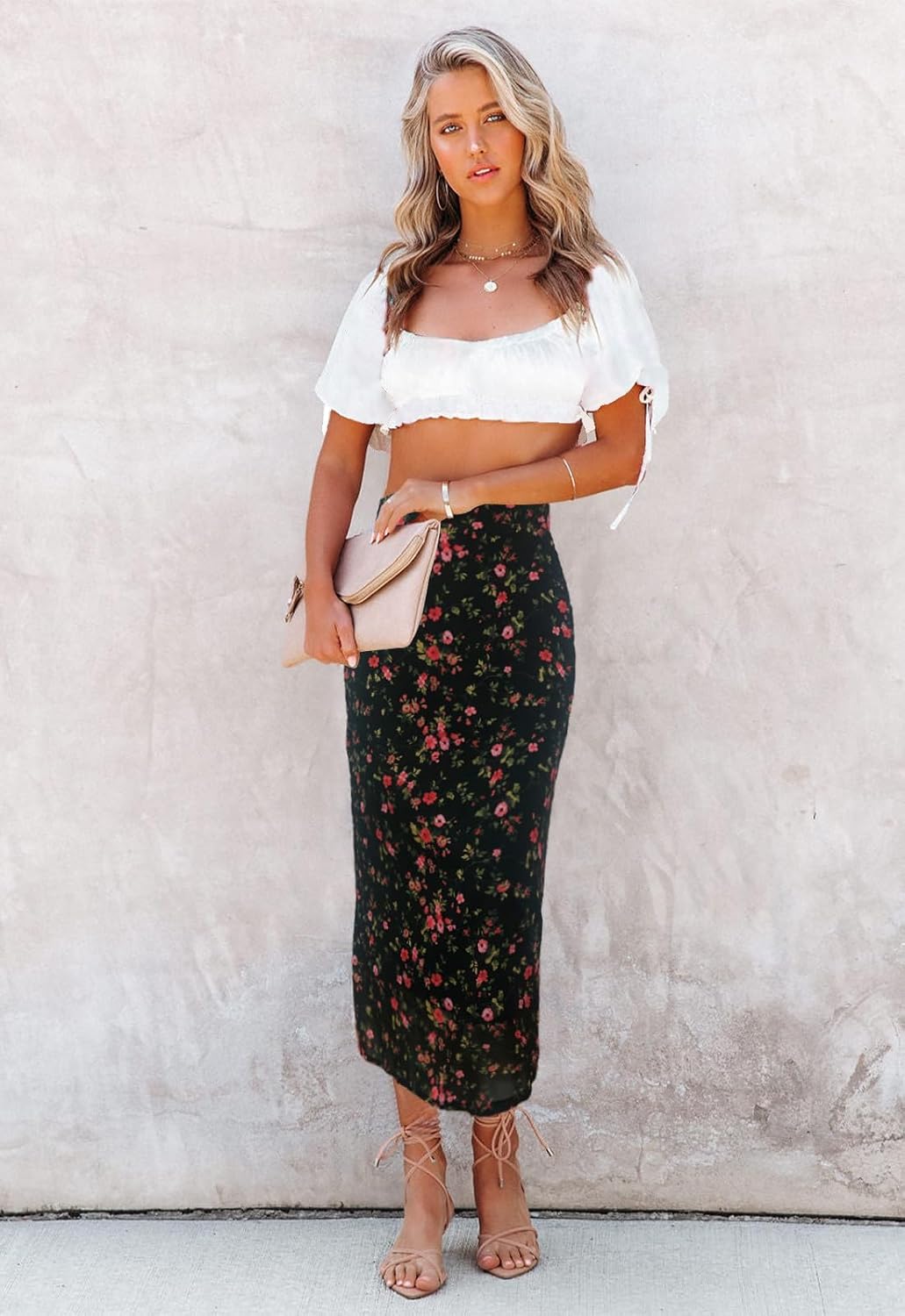 Women’s Floral Print Midi Skirt Casual High Elastic Waist Zipper Vintage Long Boho Skirts for Women - Image 4