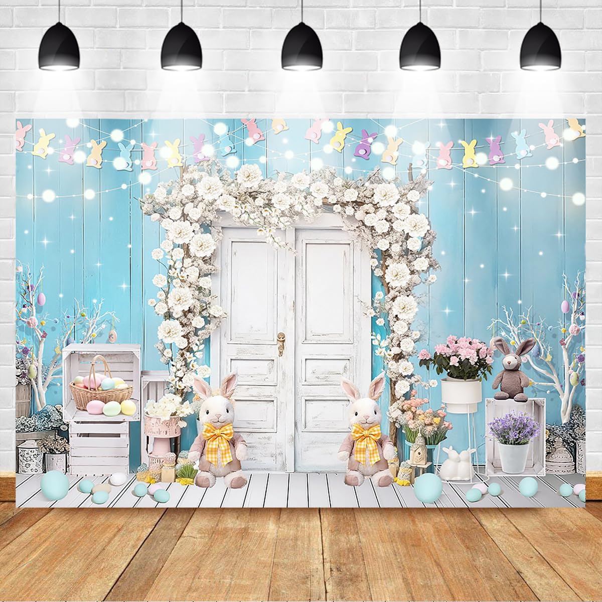 Mocsicka Spring Easter Backdrop Blue and White Rustic Door Spring Photography Backdrops Floral Bunny Rabbit Colorful Eggs Easter Day Photo Background Photo Studio Props (10x8ft)