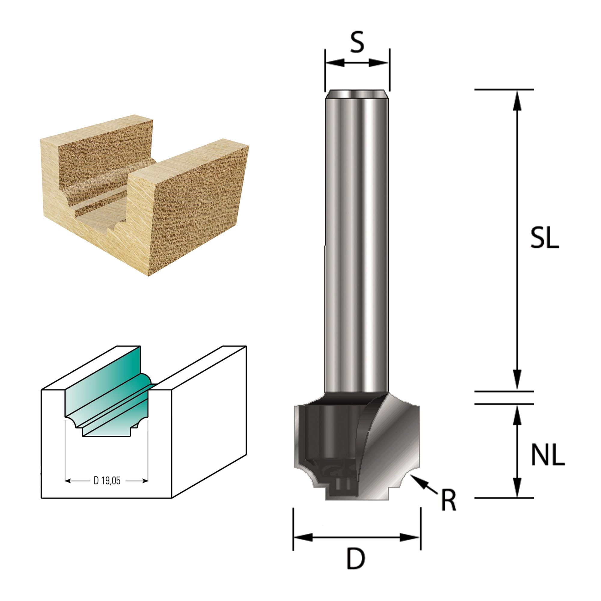 ENT 13185 Frez szczelinowy w wegliku, trzpien (S) 6 mm, srednica (D) 19,05 mm, NL 11,11 mm, R 3,2 mm, SL 32 mm