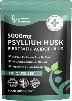 Psyllium Husk Capsules 5000mg with 500 Million CFU Lactobacillus Acidophilus, 120 Psyllium Husks Capsules, Natural Soluble Fiber Supplement from Raw Plantago Ovata Seeds, Digestive, Gut Health Support