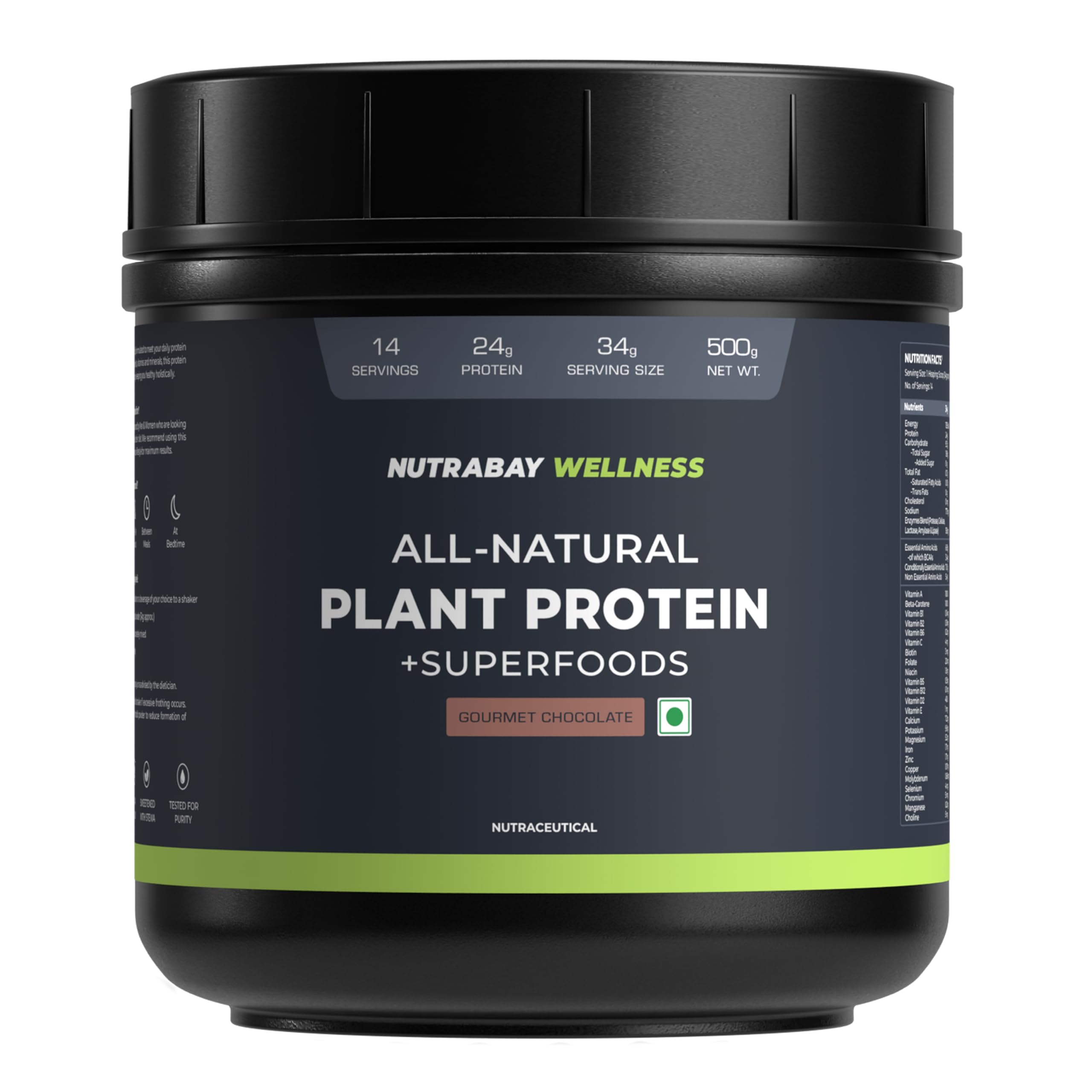 Nutrabay Wellness All Natural Plant Protein - 500g, Gourmet Chocolate | Complete Amino Acid | Pea & Brown Rice Protein | 24g Protein | Easy to Digest ...