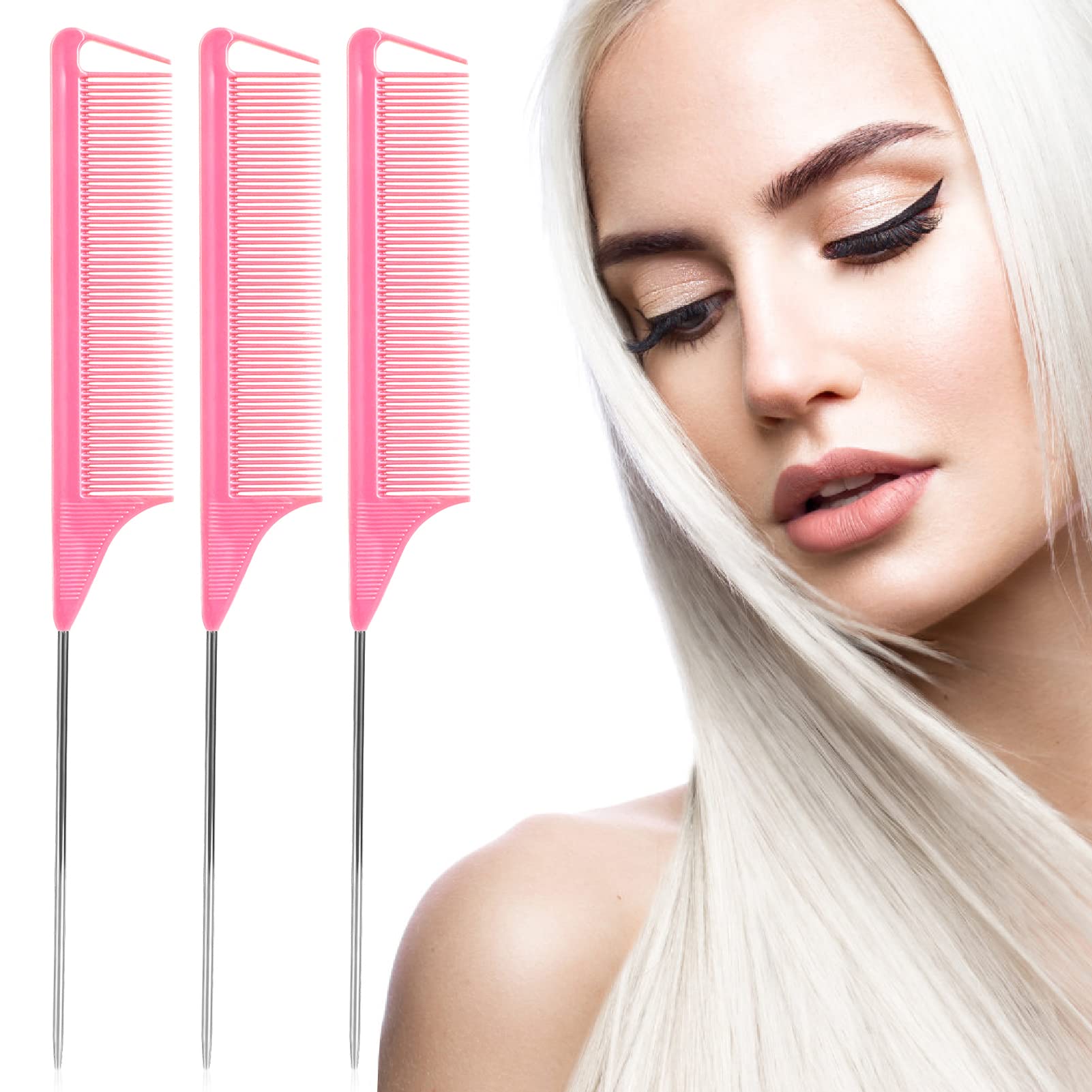 Peines de cola de rata: juego de 3 peines de cola de rata, peine de peluquería, peine de cola de rata, peine de separación para mujer, ideal para todo tipo de cabello (rosa)
