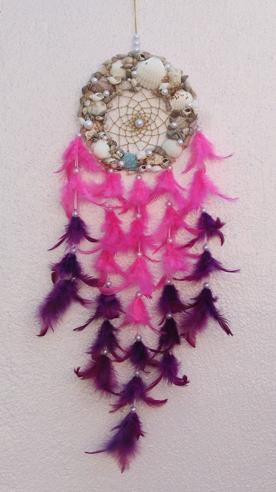 Yuvicreations, Round Shape, sea Shell Dream Catcher for Wall décor, Fine Quality Feathers. Natural Shells, Dark Pink and Purplish Brown