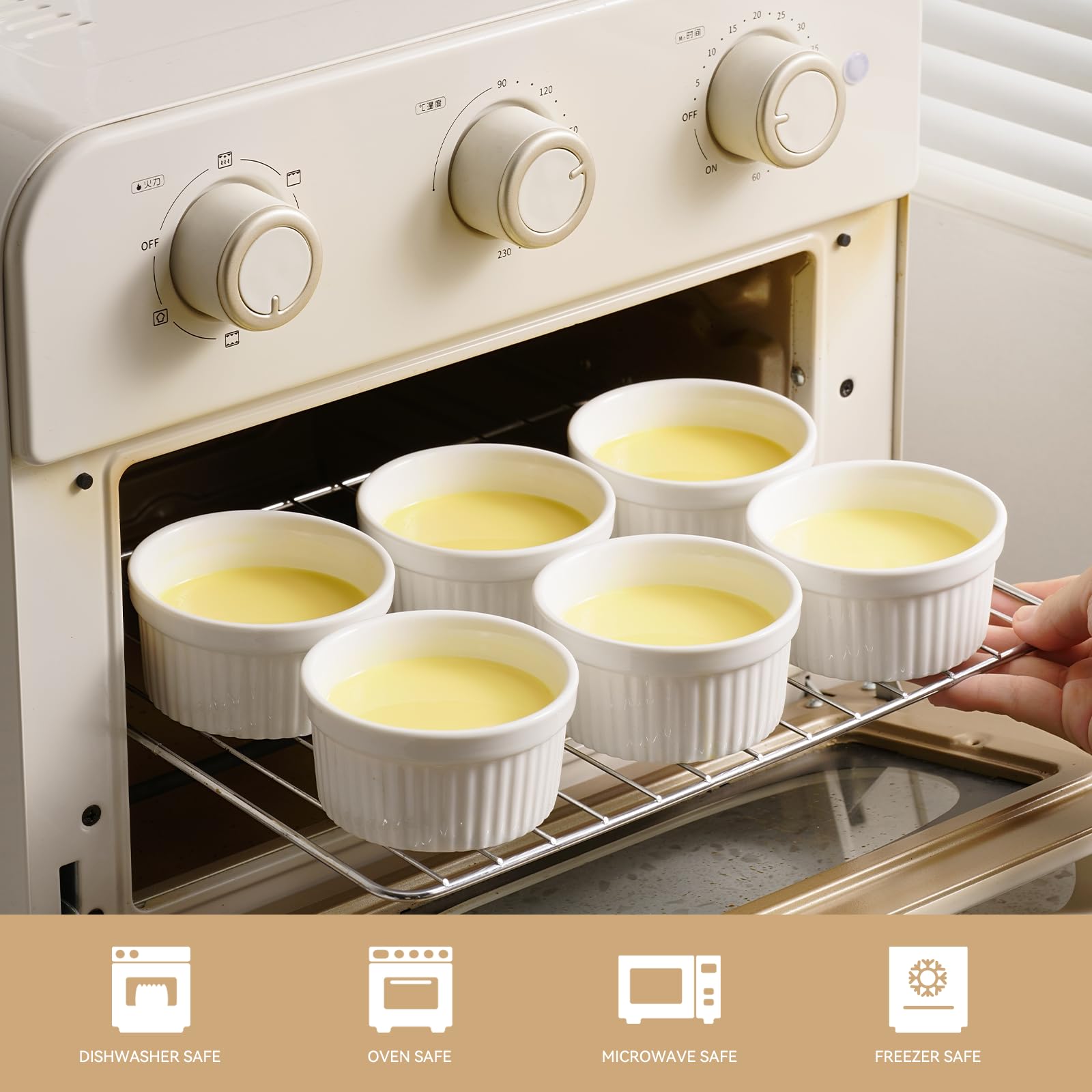 Dafuceramic Ramequines con tapas, 12 onzas, color blanco, creme brulee ramequines de cerámica aptos para horno, juego de 6 natillas de porcelana para hornear, apto para lavavajillas y microondas