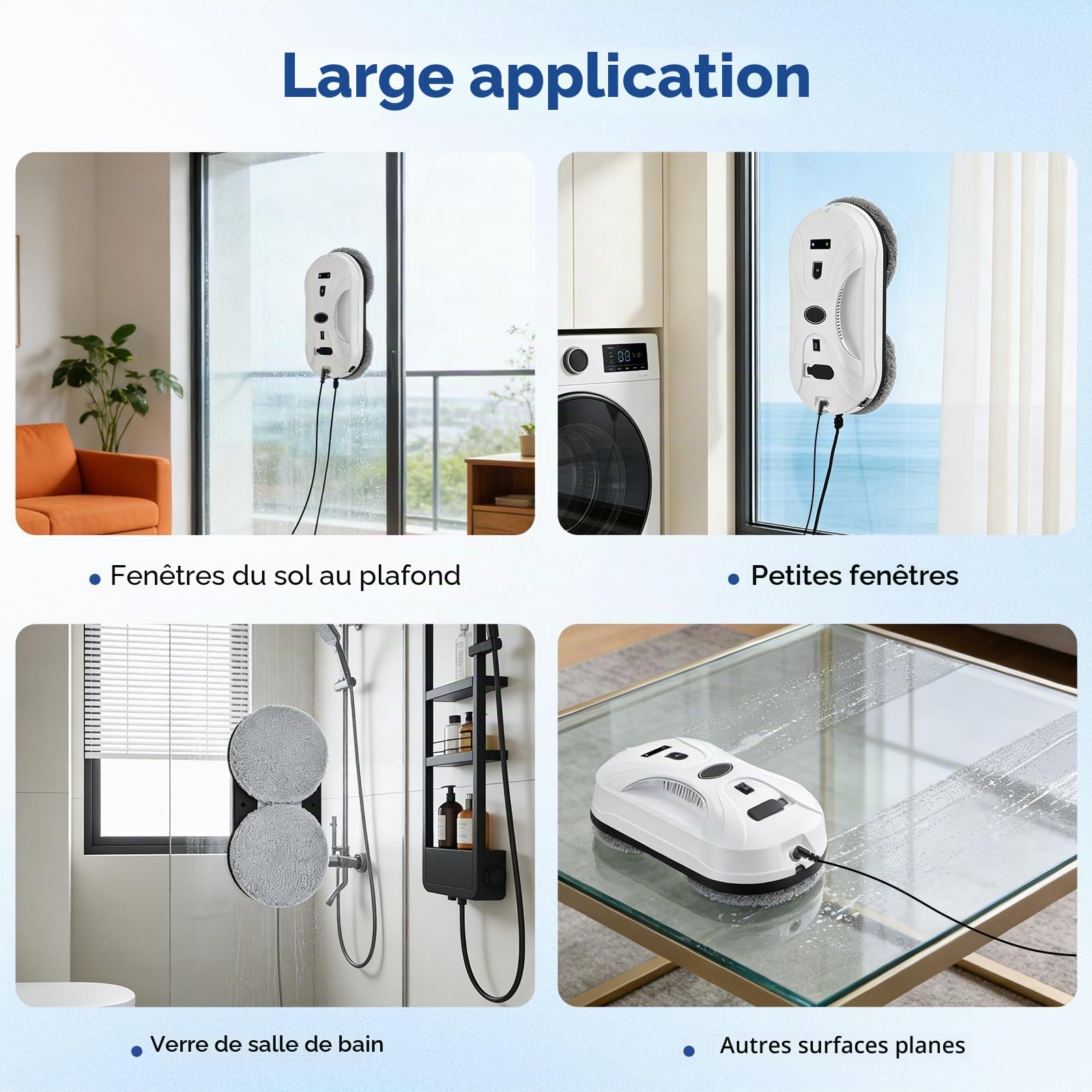 Robot Laveur de Vitre, 5800Pa Robot Nettoyeur Vitre avec Double Pulvérisation D'eau, 3 Modes de Nettoyage, Télécommande, Navigation Intelligente, Protection Antichute＆10 Chiffons, Pour Surfaces Lisses
